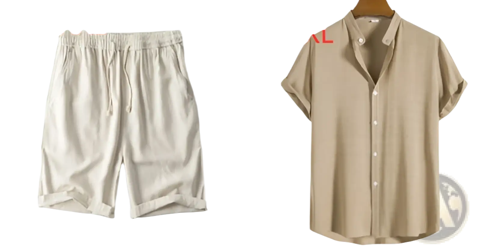 Beige linen shorts with drawstring waist and rolled cuffs displayed in xxxl size alongside mens minimalist textured grid shirt