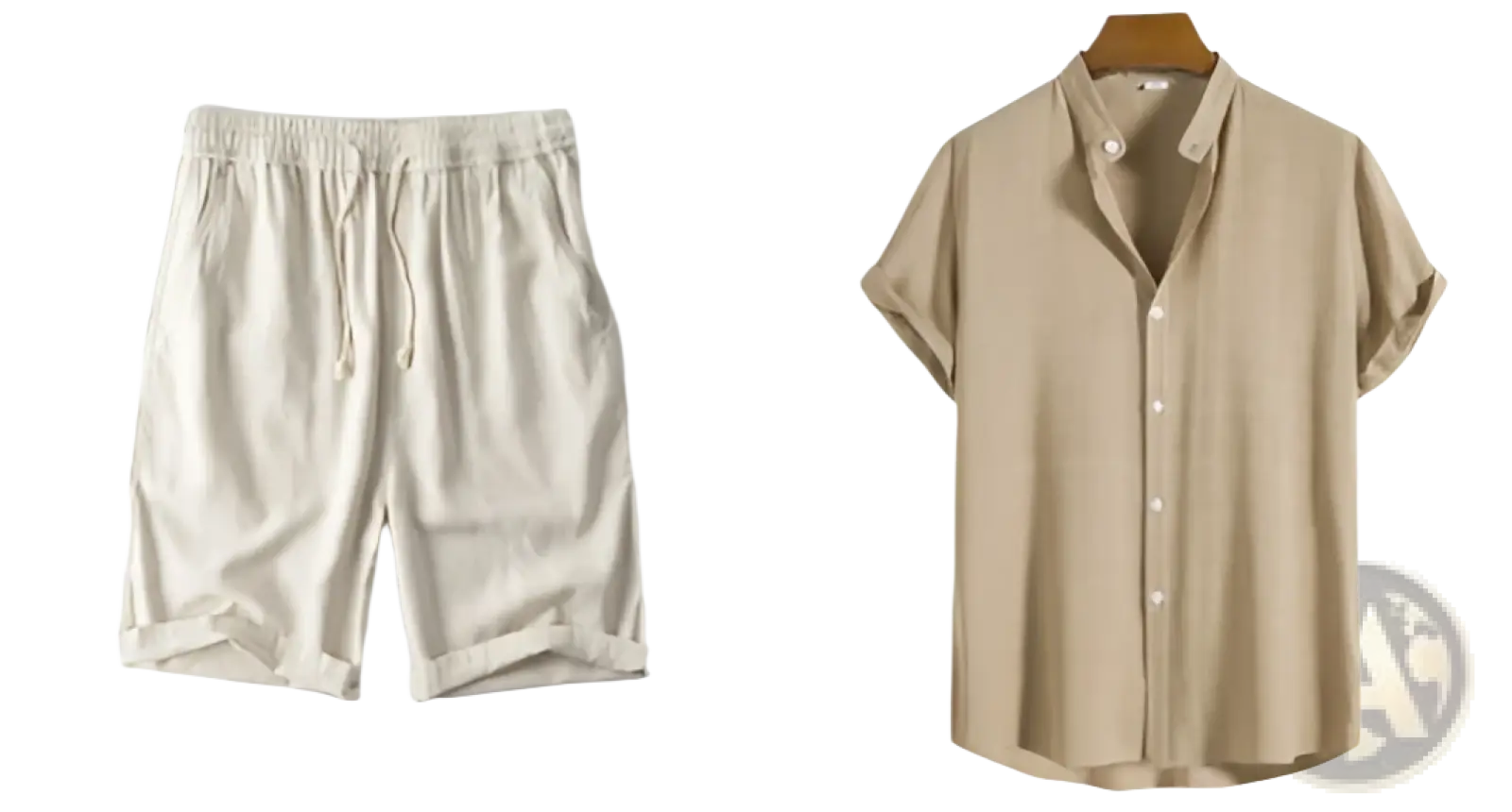Men’s minimalist textured short sleeve grid shirt paired with beige linen shorts with elastic waistband and drawstring