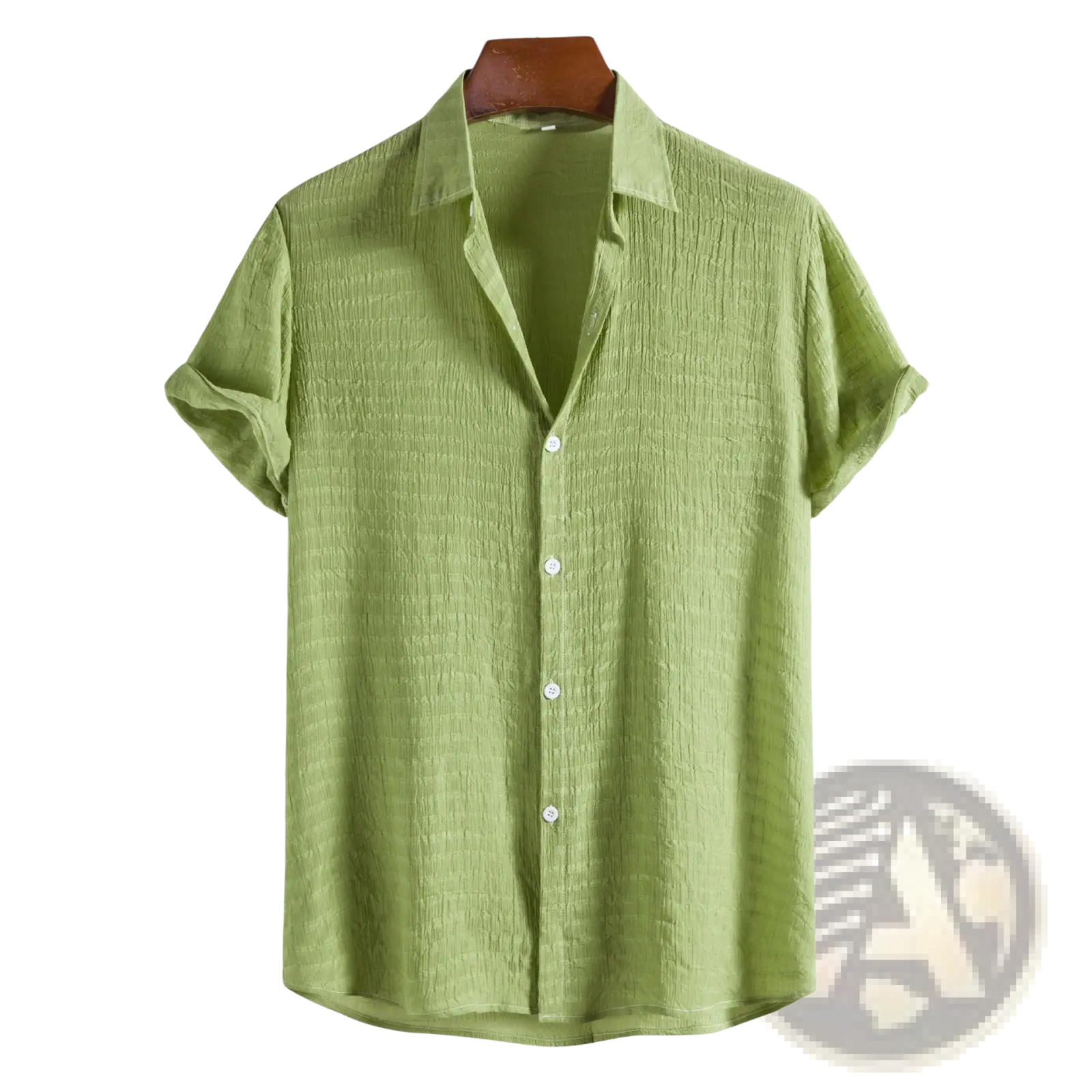 Men’s minimalist textured short sleeve grid shirt in light green with subtle weave and white buttons