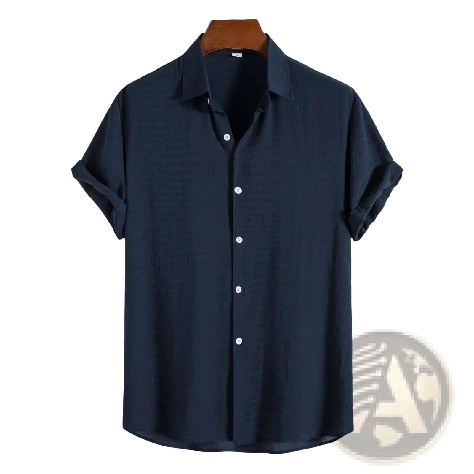 Men’s minimalist dark navy short sleeve button-up shirt with subtle textured weave and white buttons