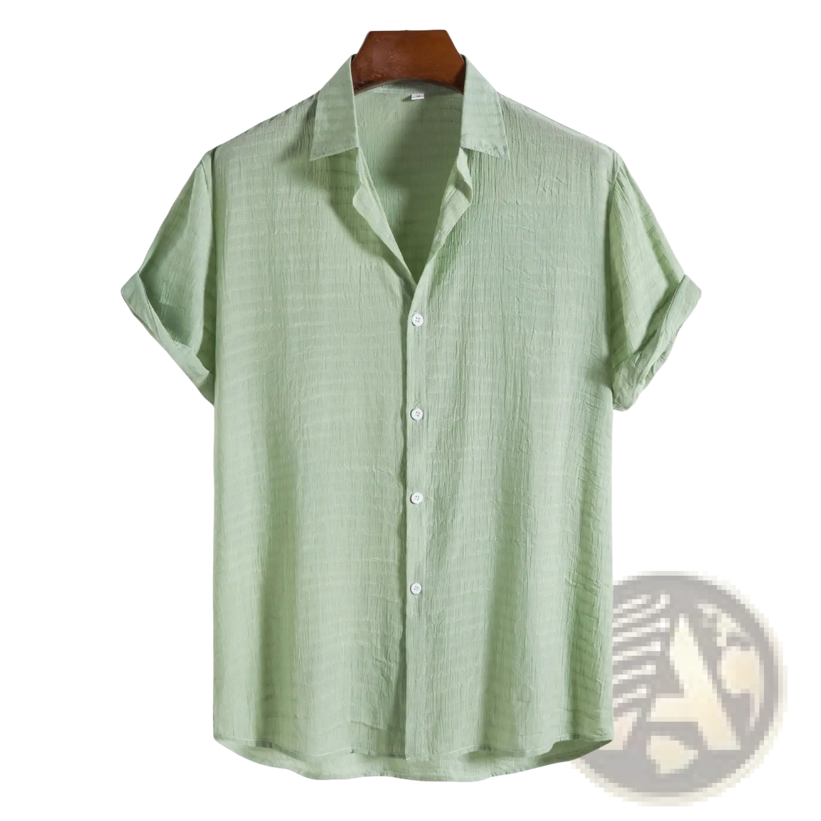 Men’s minimalist light green short sleeve button-up shirt with subtle textured weave and grid pattern