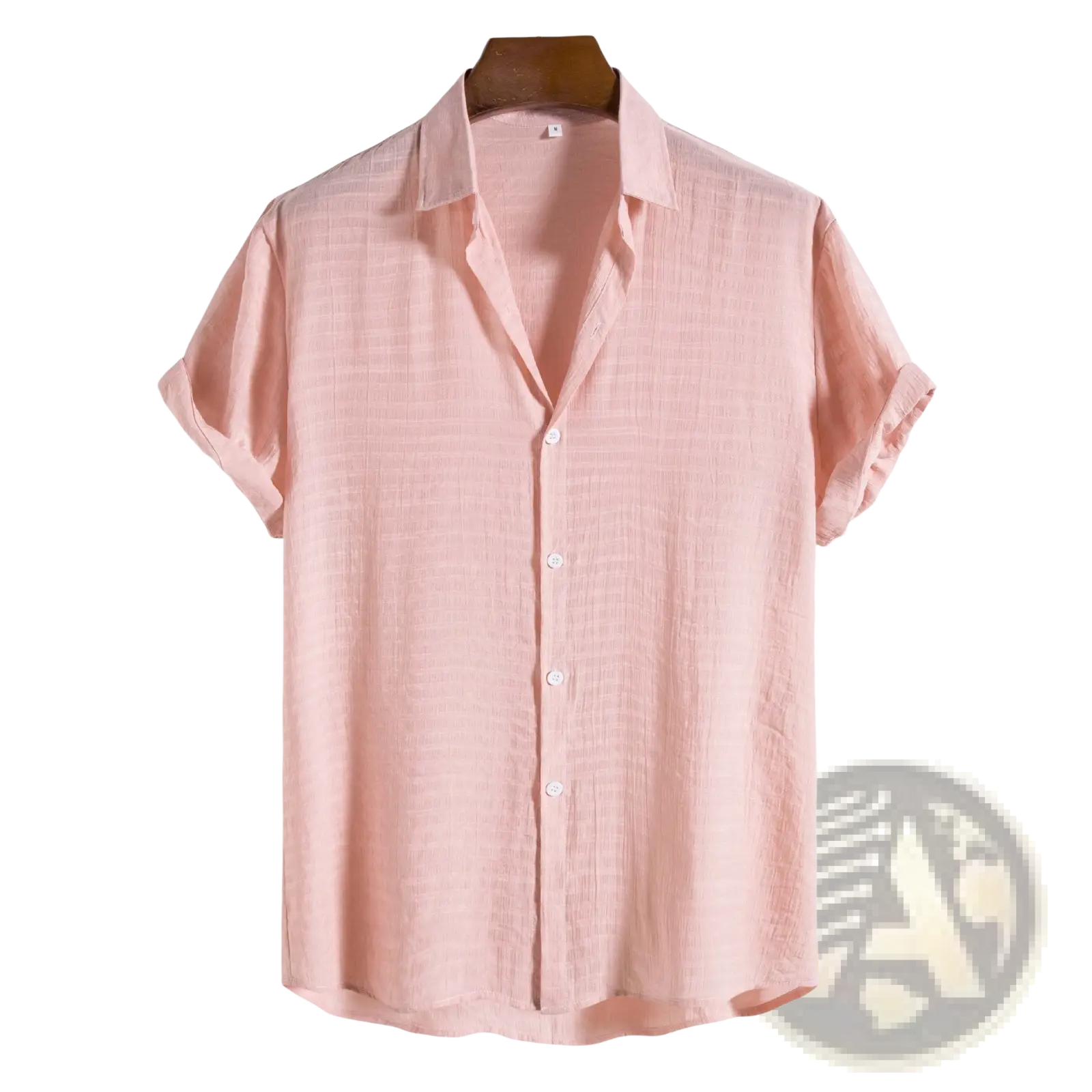 Men’s minimalist textured short sleeve grid shirt in light pink with a subtle textured weave and crisp collar