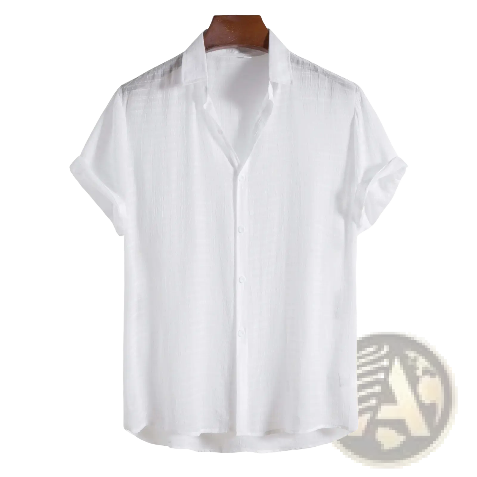 Men’s minimalist white short sleeve button-up shirt with subtle textured fabric and classic collar
