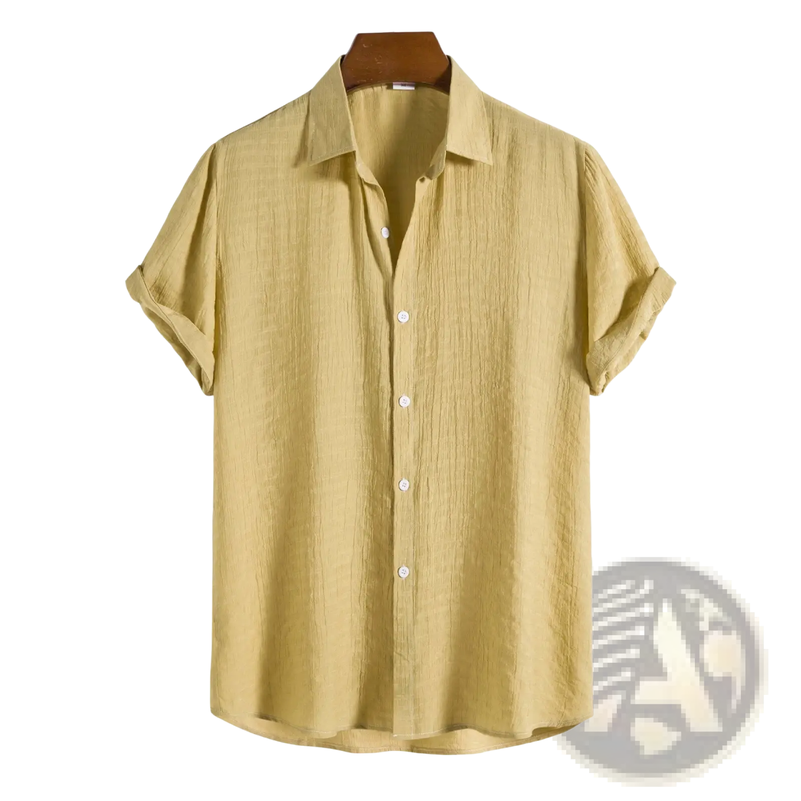 A light yellow men’s minimalist short sleeve button-up shirt with subtle textured fabric and rolled cuffs