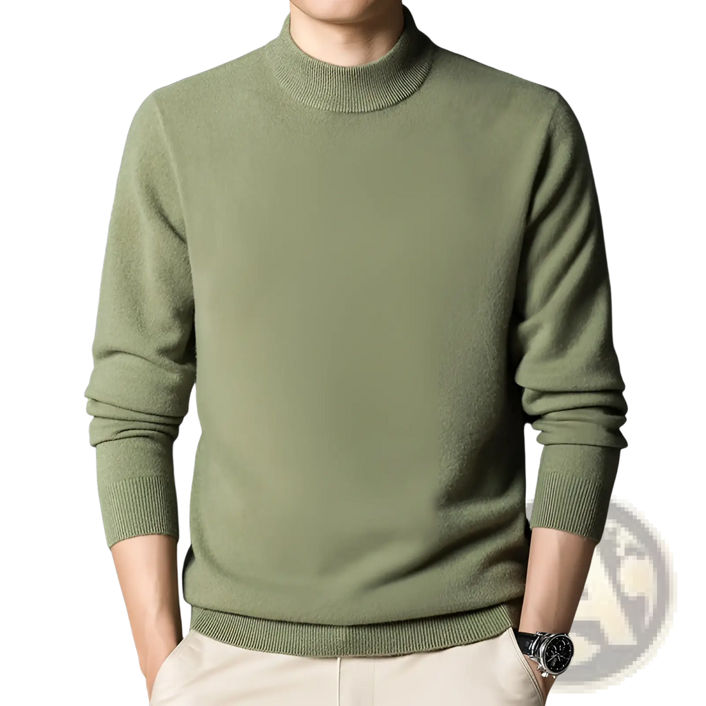 Olive green mens mock neck slim fit sweater made of soft knit fabric with a turtleneck collar visible from the front