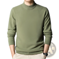 Olive green mens mock neck slim fit sweater made of soft knit fabric with a turtleneck collar visible from the front