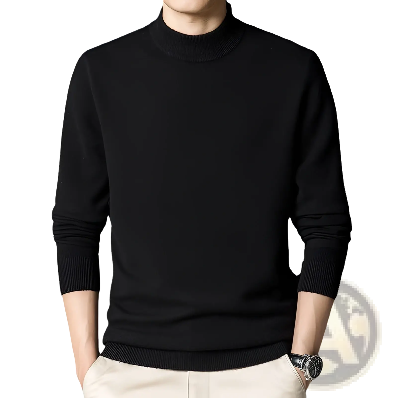 Black mens mock neck slim fit sweater with smooth ribbed knit texture and long sleeves