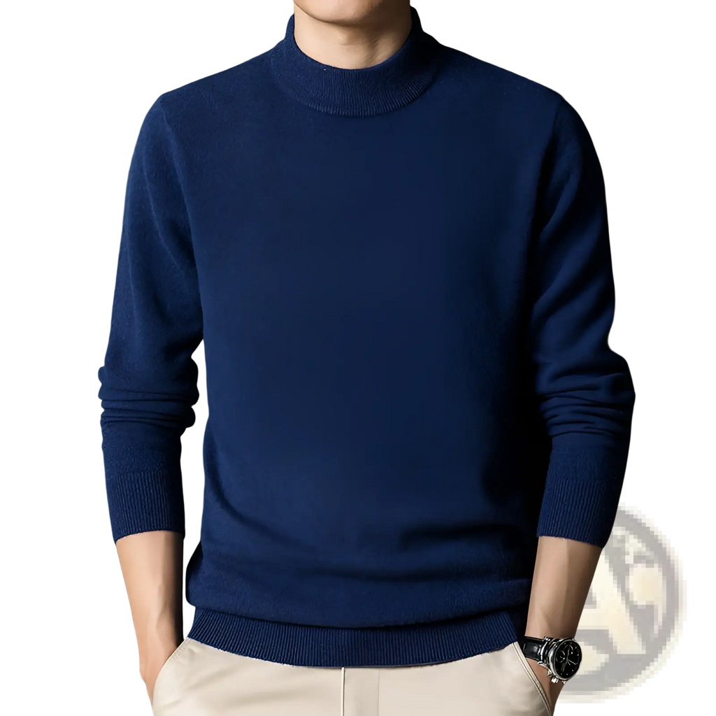 Men’s mock neck slim fit sweater in deep navy blue made of soft knit fabric with long sleeves