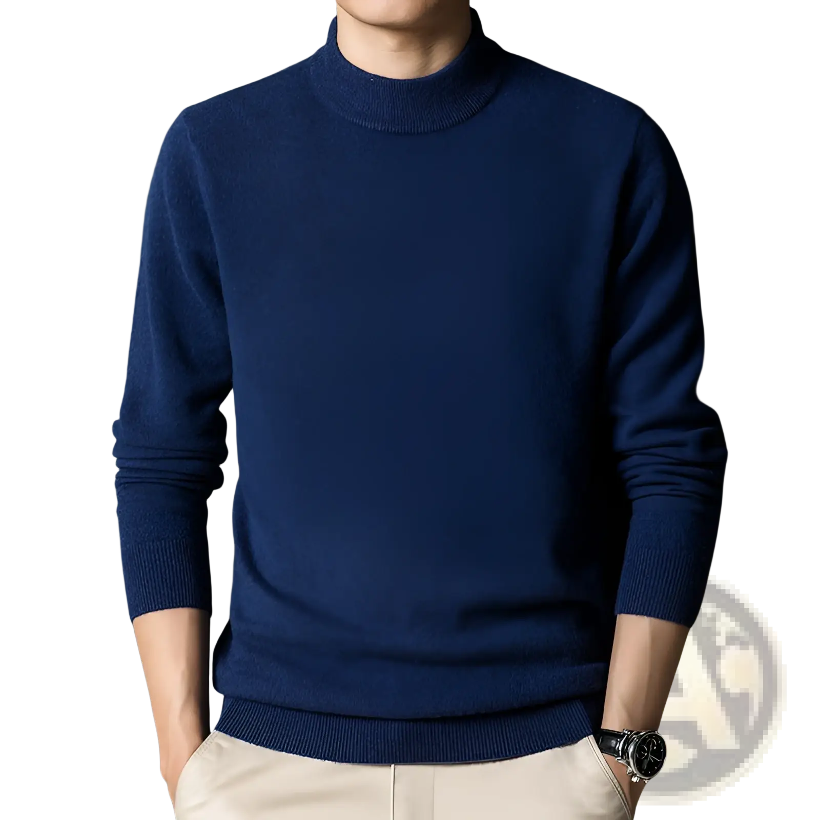 Men’s mock neck slim fit sweater in deep navy blue made of soft knit fabric with long sleeves