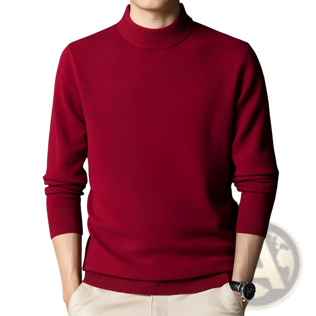 Mens mock neck slim fit sweater in rich burgundy with smooth knitted texture and ribbed cuffs