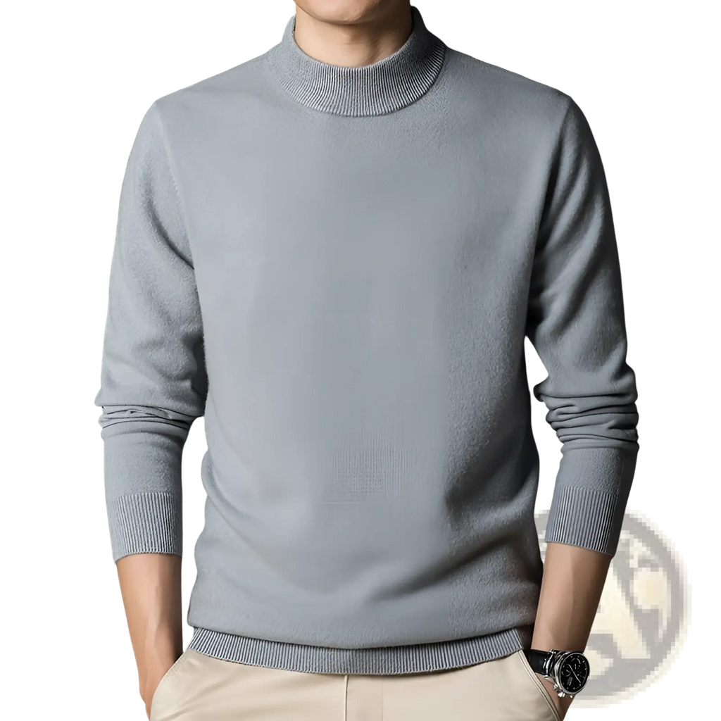 Mens mock neck slim fit sweater in light gray with soft knit texture and ribbed cuffs for a sleek look