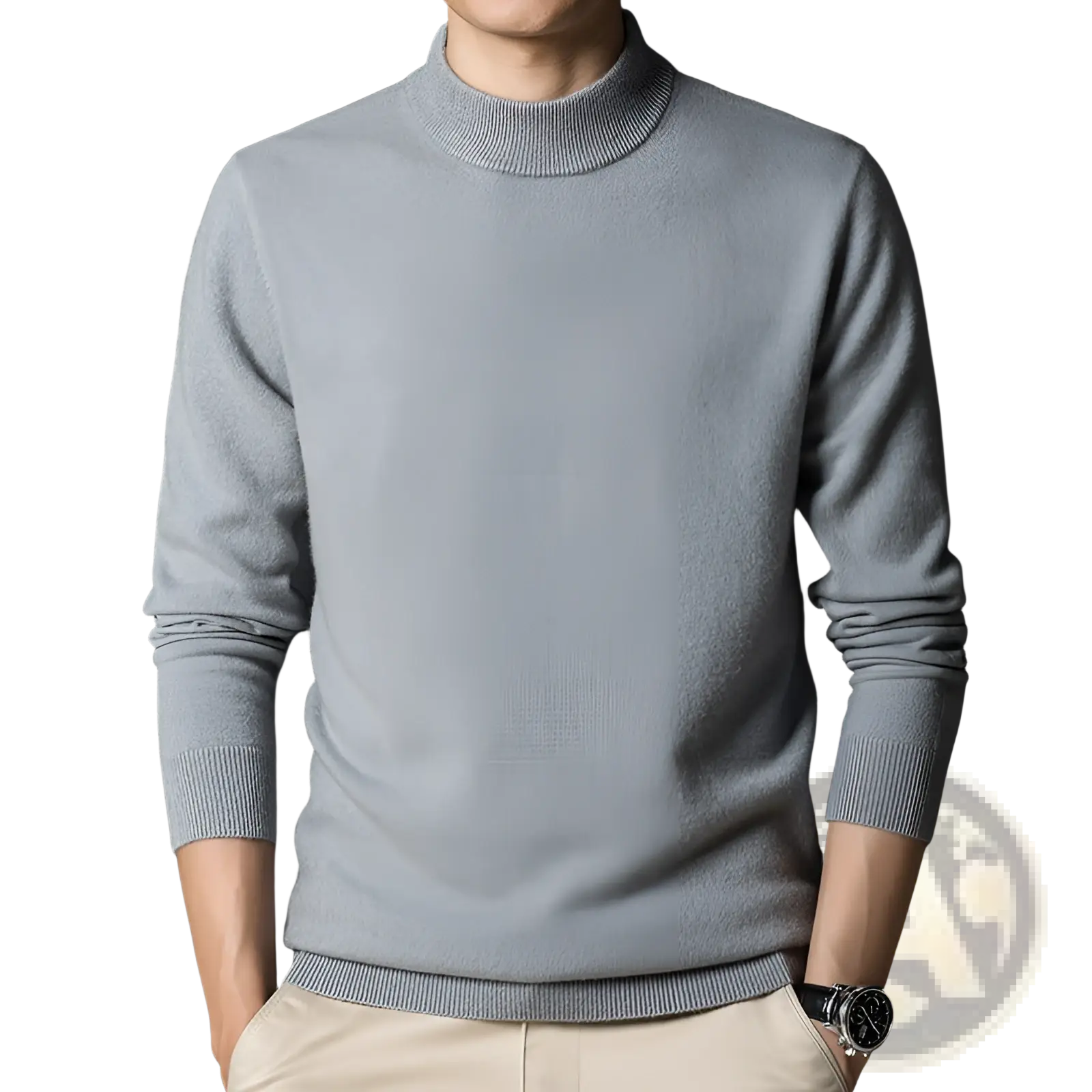 Mens mock neck slim fit sweater in light gray with soft knit texture and ribbed cuffs for a sleek look