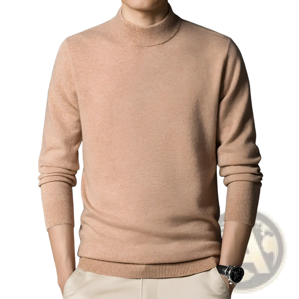 Mens mock neck slim fit sweater in soft beige with ribbed knit collar cuffs and hem ideal for casual wear