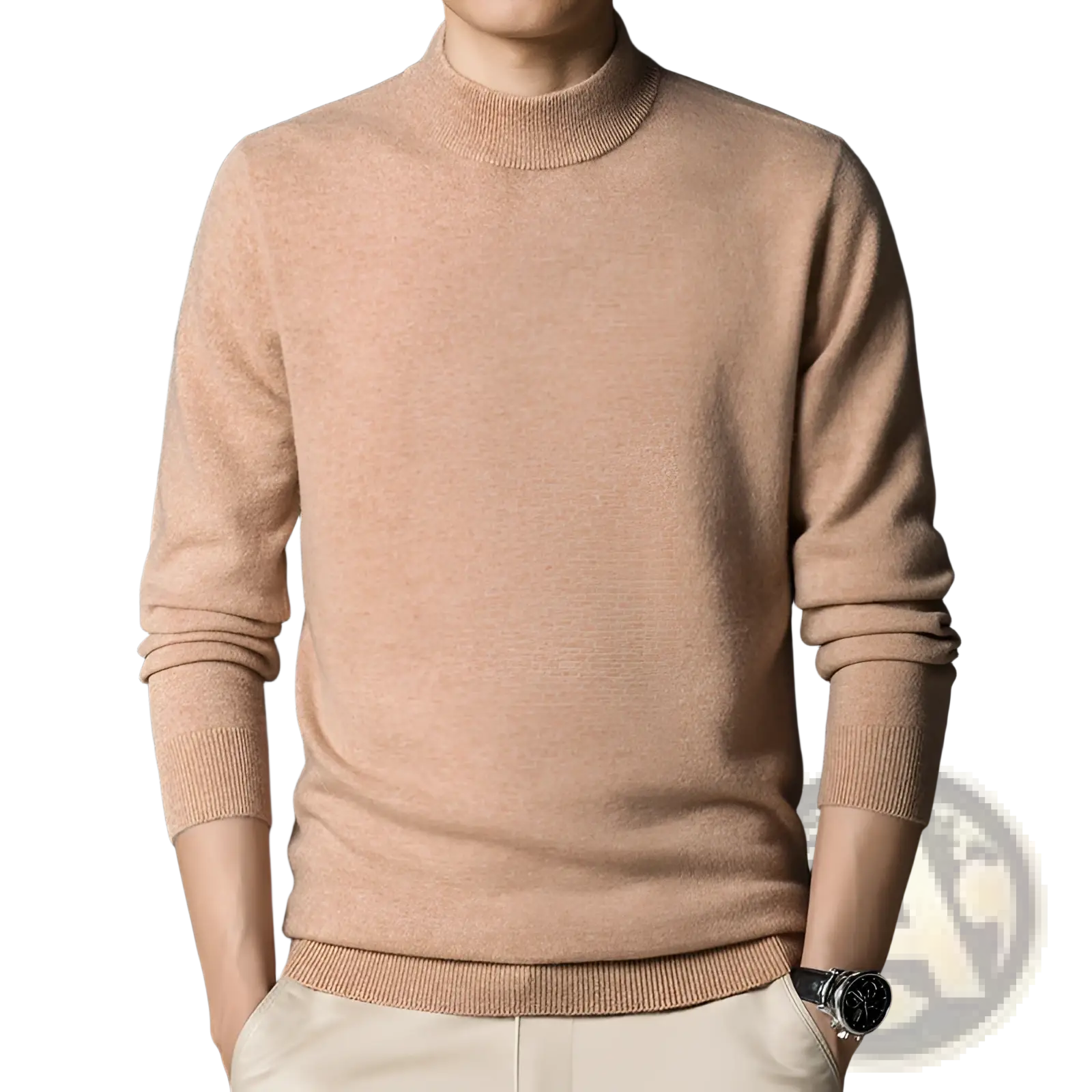 Mens mock neck slim fit sweater in soft beige with ribbed knit collar cuffs and hem ideal for casual wear