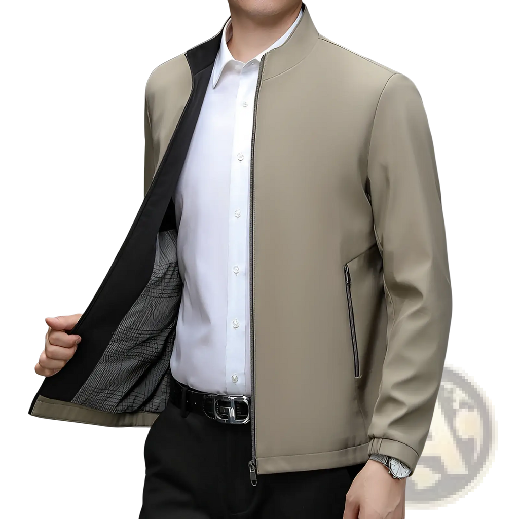 Men’s modern lightweight beige bomber jacket with black inner lining plaid pattern zipper front and zippered pockets