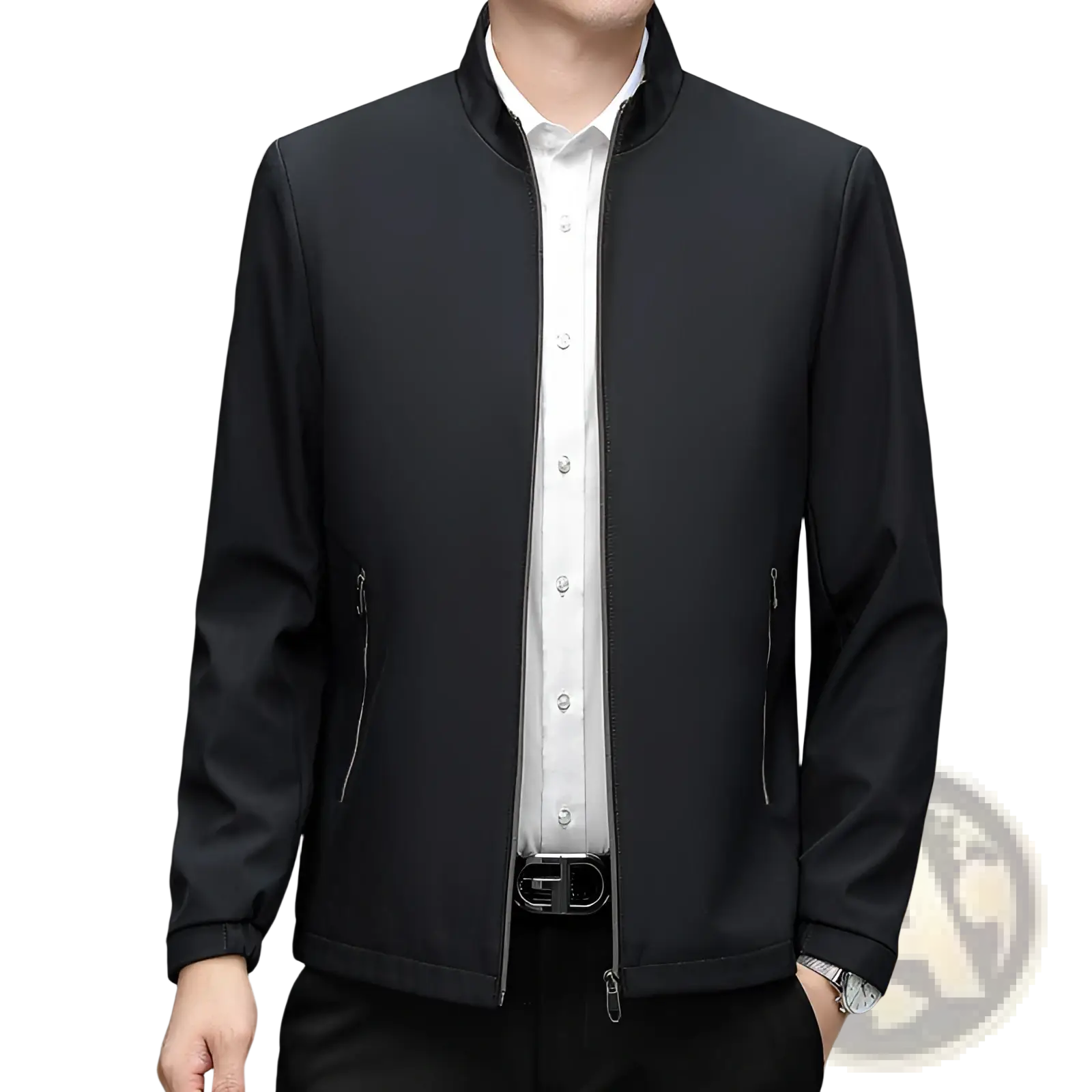 Men’s modern lightweight black bomber jacket with sleek design and subtle zipper details in stand collar style