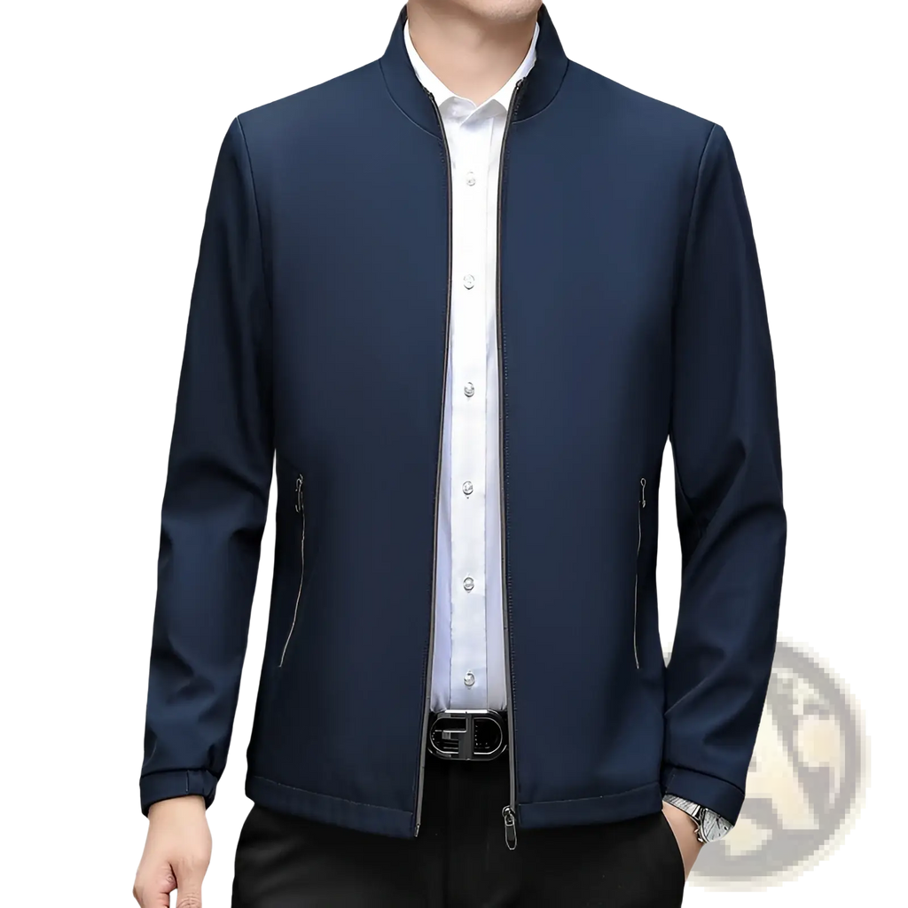 Navy blue men’s modern lightweight bomber jacket with stand collar and zippered pockets made from durable fabric