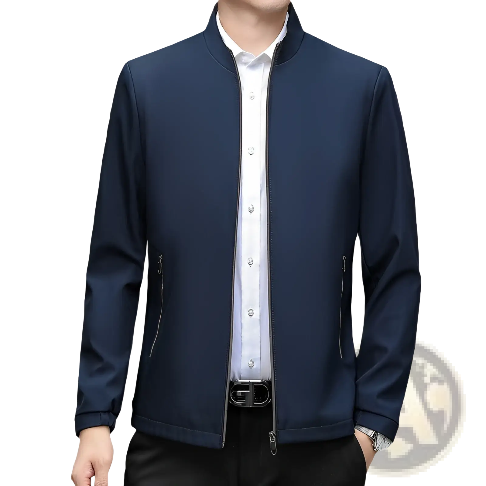 Navy blue men’s modern lightweight bomber jacket with stand collar and zippered pockets made from durable fabric