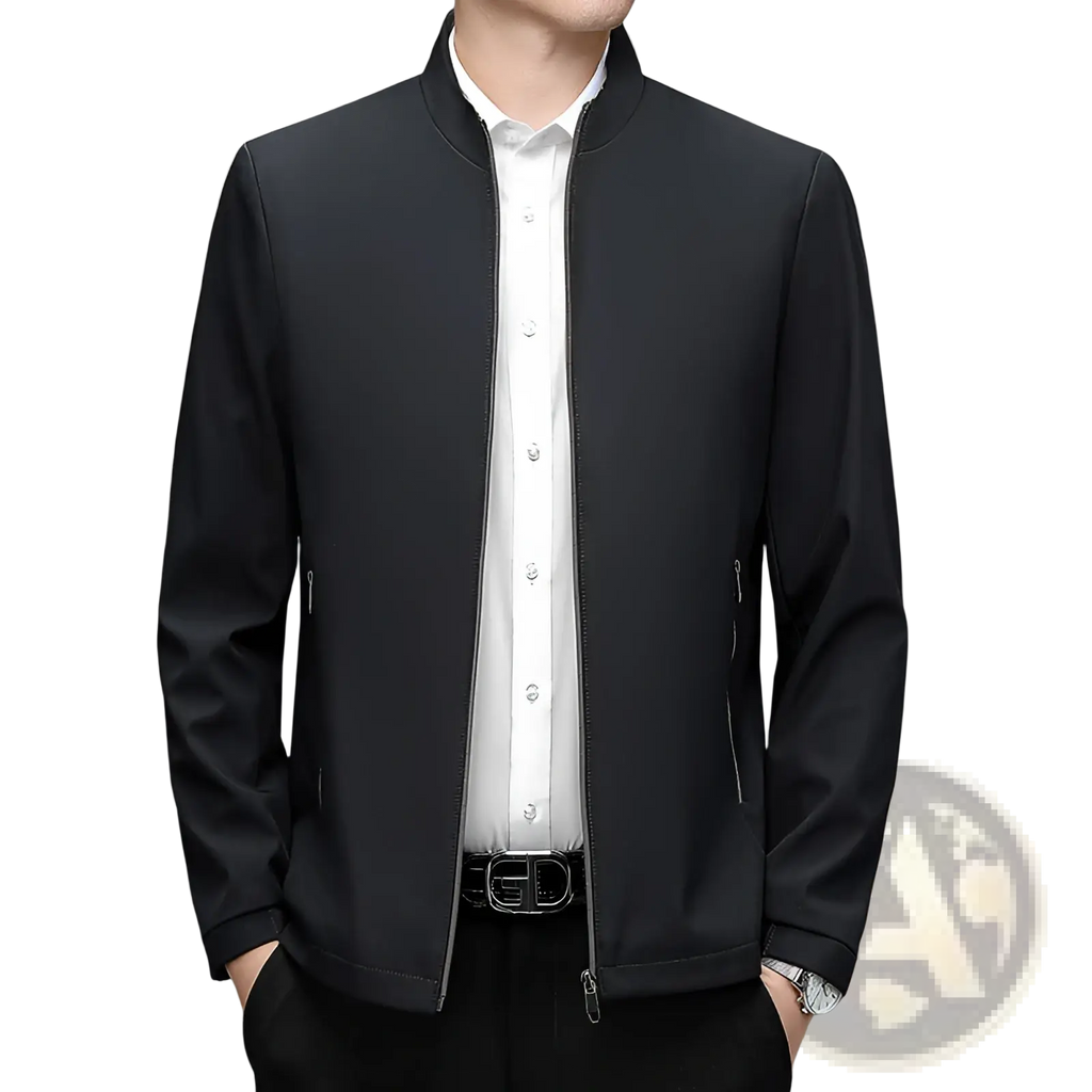 Men’s modern lightweight black bomber jacket with sleek design and subtle side pockets, featuring a stand collar