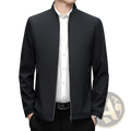Men’s modern lightweight black bomber jacket with sleek design and subtle side pockets, featuring a stand collar