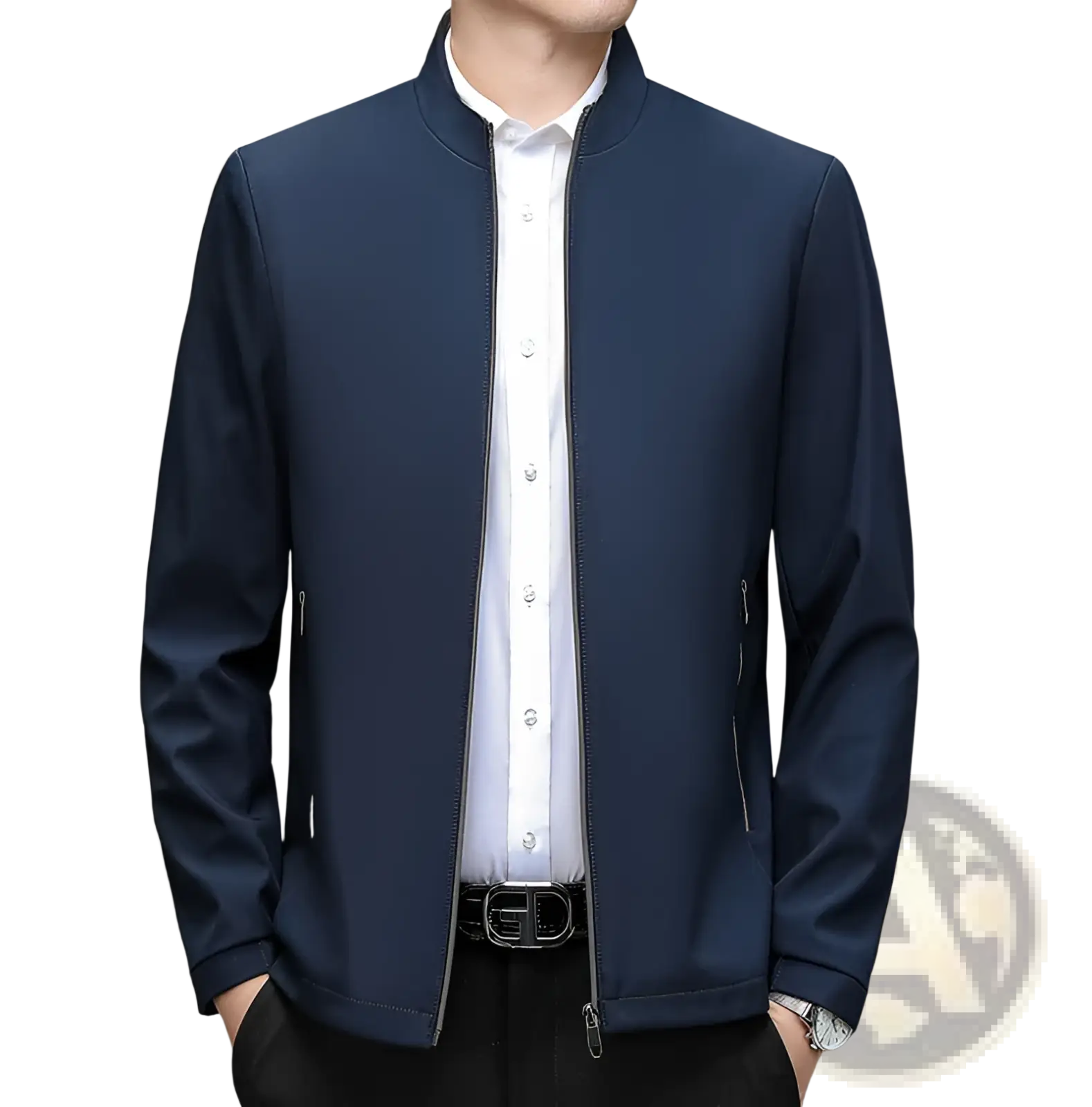 Navy blue men’s modern lightweight bomber jacket with stand collar and subtle zipper accents in sleek design