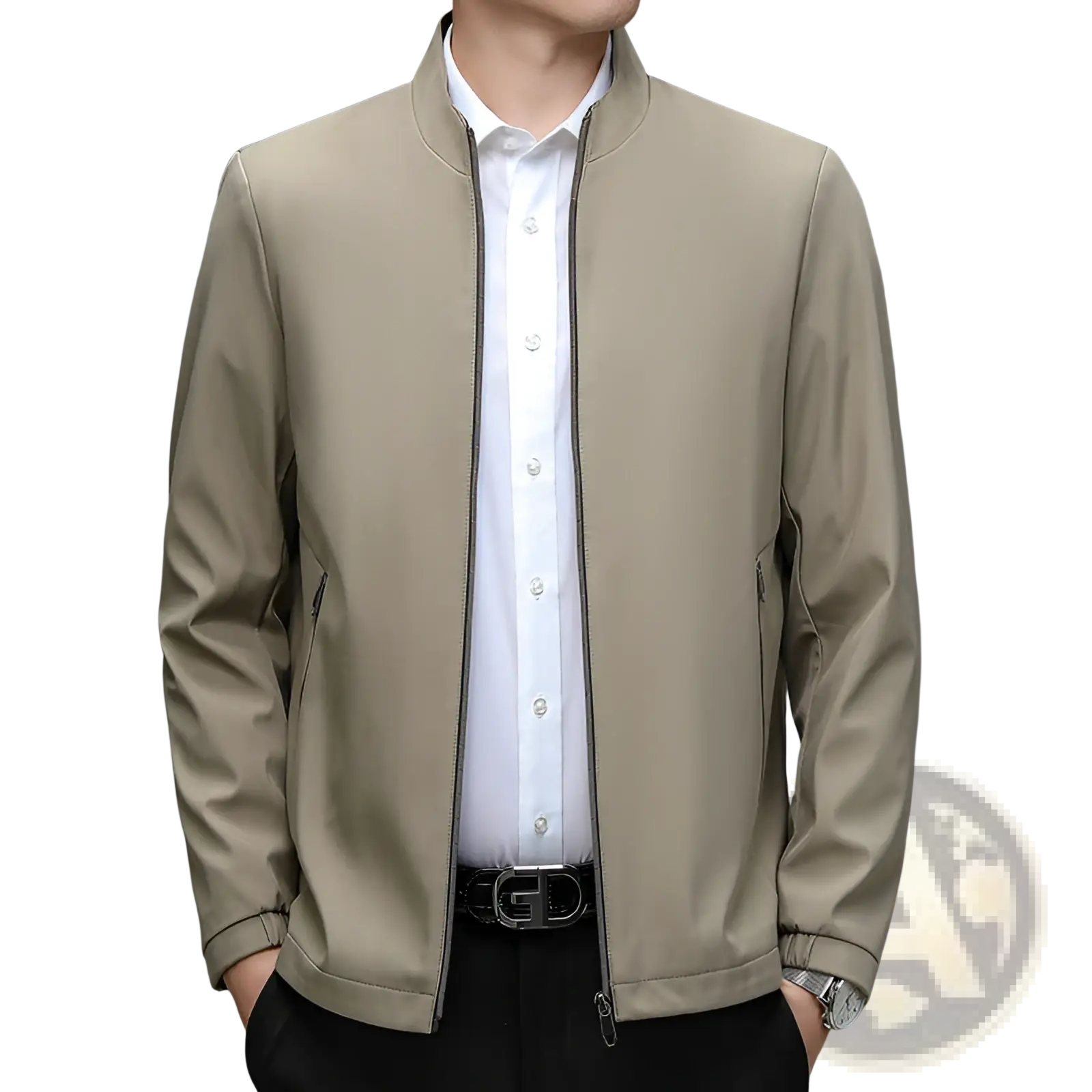 Beige men’s modern lightweight bomber jacket with stand collar and subtle zipper detailing in sleek design