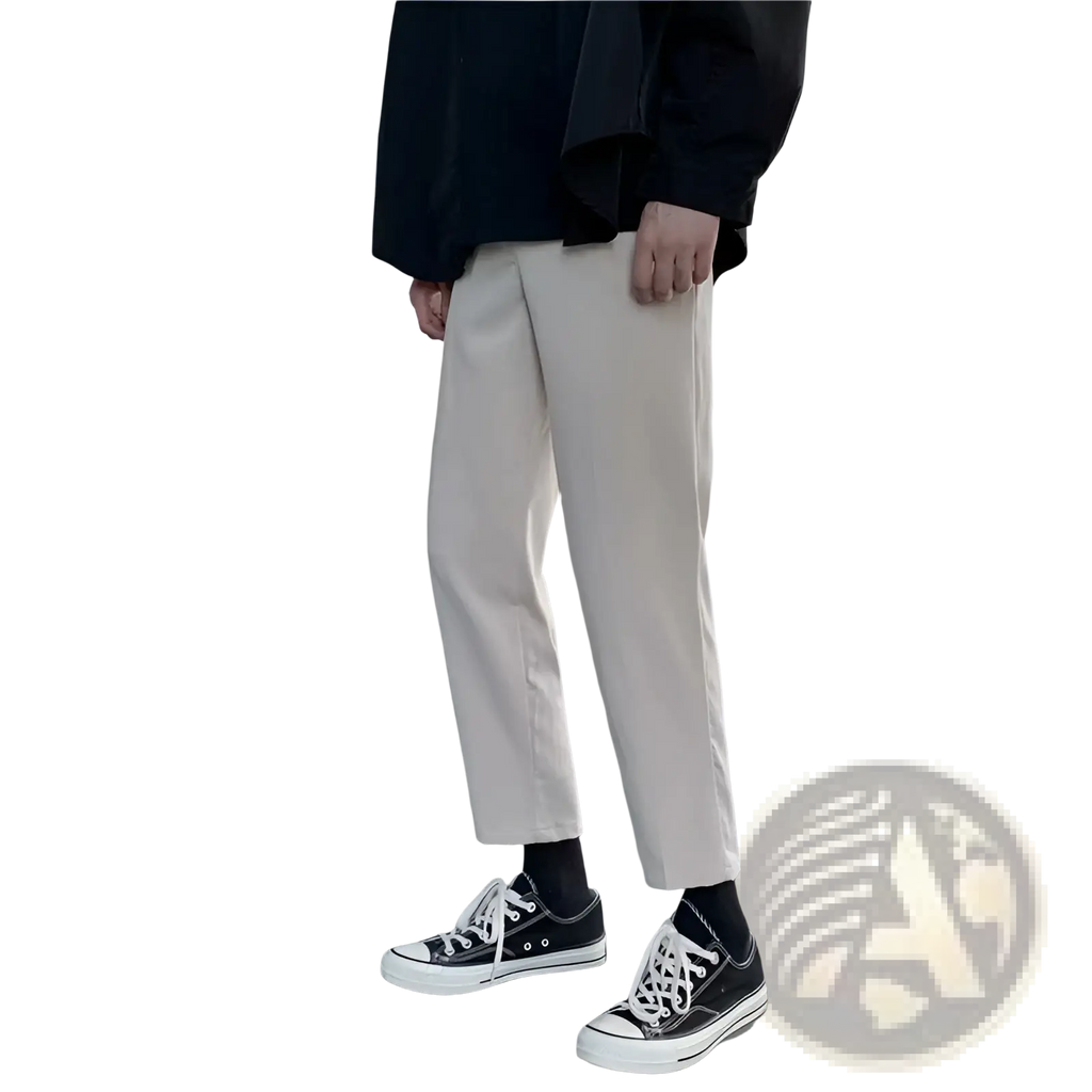 Beige men’s modern slim fit straight leg cotton trousers with tapered cut and subtle creasing front view