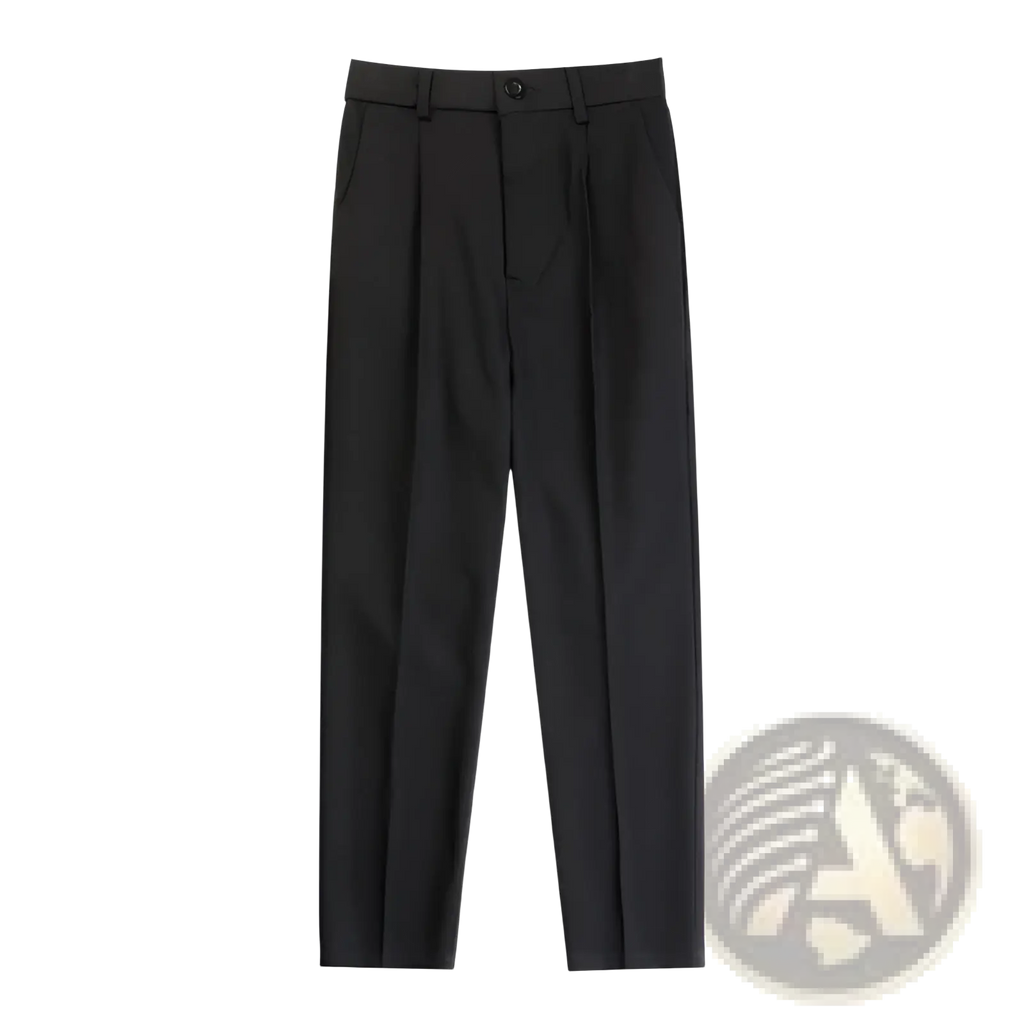 Men’s modern slim fit straight leg cotton trousers in black with pleated design and single button waistband closure