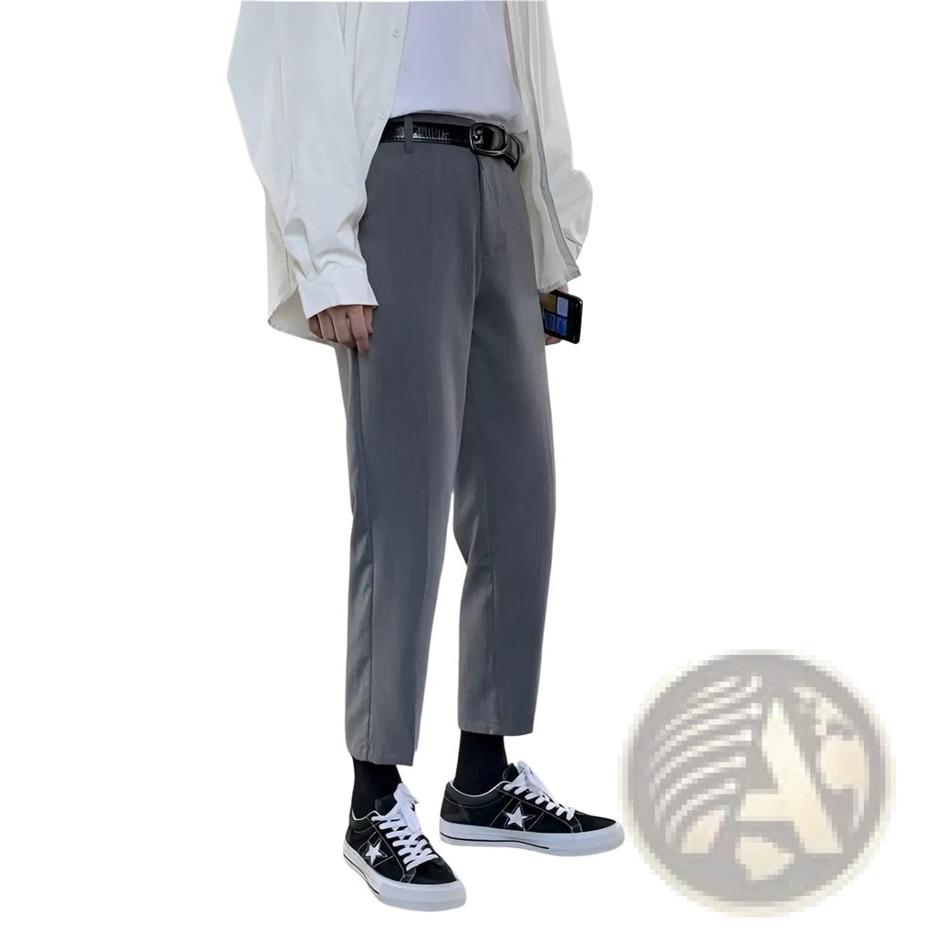 Gray tapered cotton trousers with sleek modern cut and subtle pleats at waistband for men slim fit straight leg