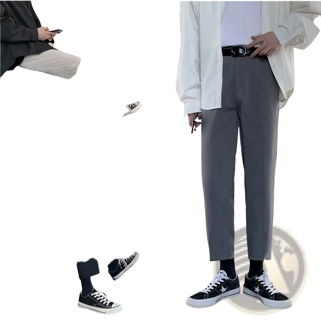 Men’s gray slim-fit cotton trousers with modern cut straight leg and subtle crease detail for formal wear