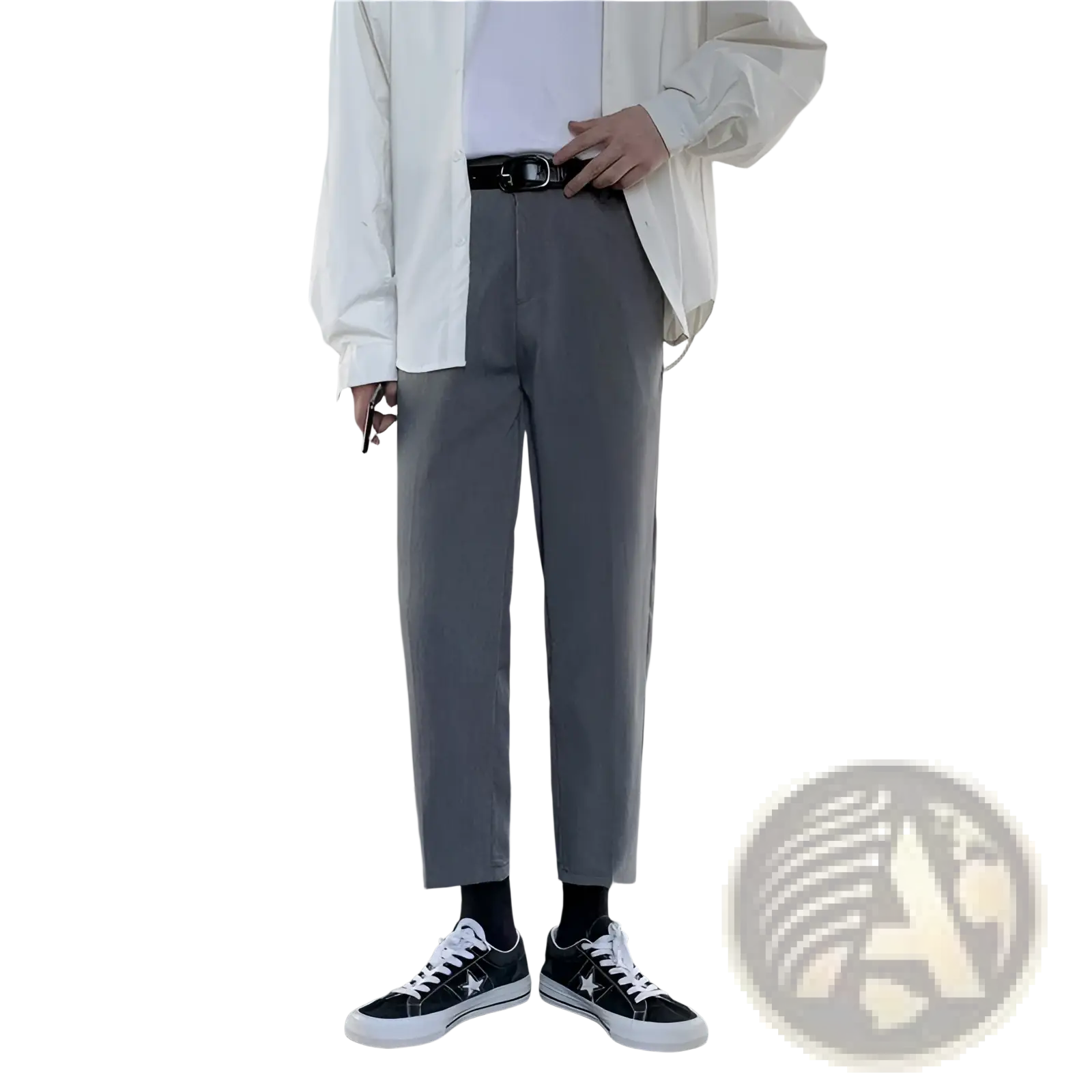 Gray slim-fit cotton trousers with a modern cut and subtle creasing for men’s straight leg style