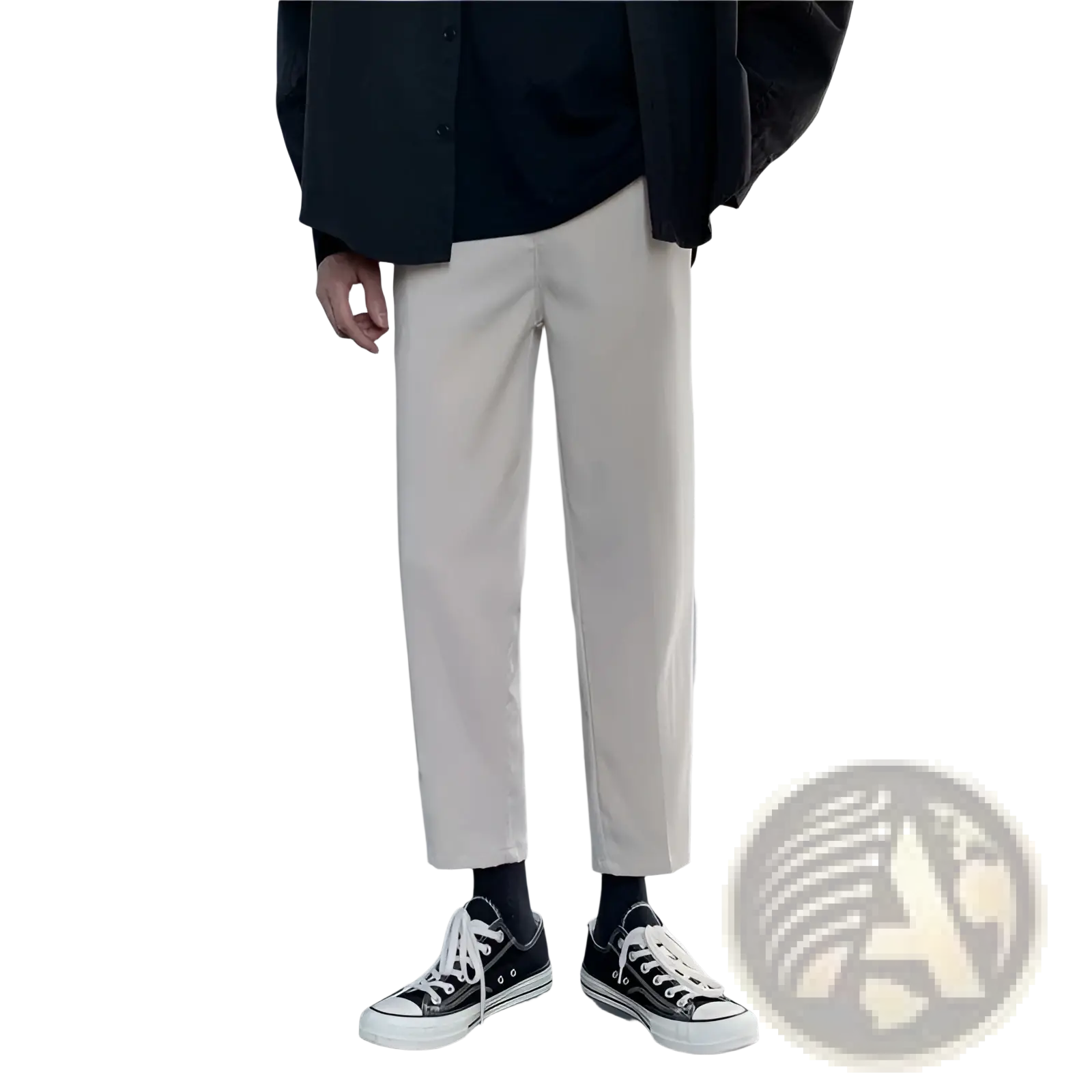 Beige men’s modern slim fit straight leg cotton trousers with a tapered cut and subtle creasing