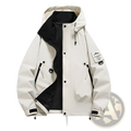 Off-white men’s modern waterproof windproof hooded utility jacket with black lining and sleeve patch from 2018