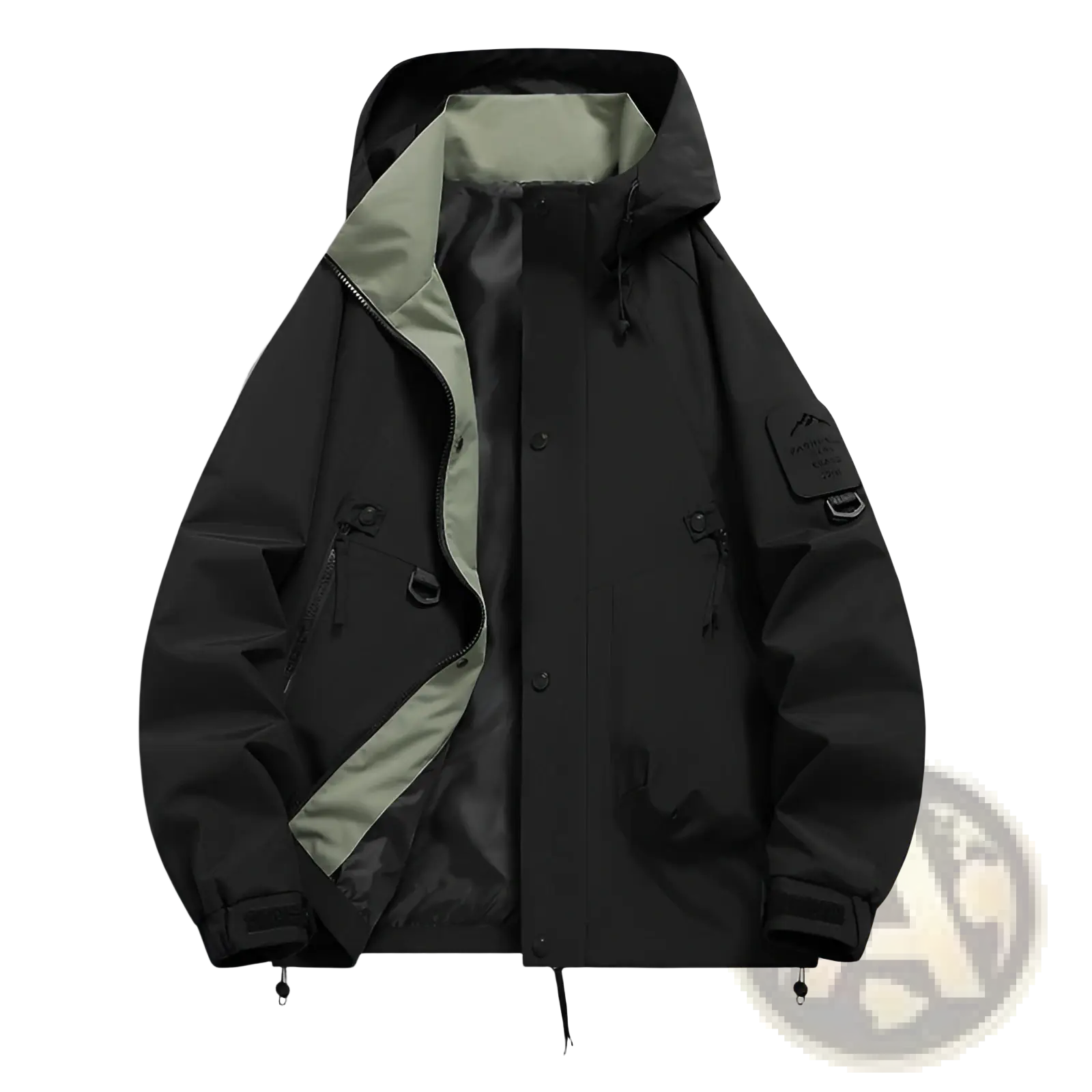 Men’s modern waterproof windproof hooded utility jacket in black with olive green lining and left sleeve patch