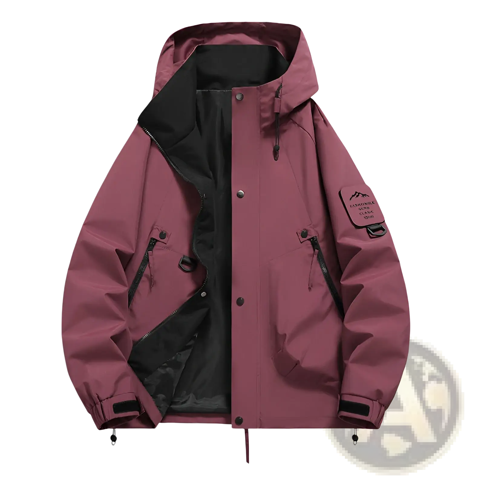 Men’s modern waterproof windproof hooded utility jacket in maroon with black interior lining and zipper details