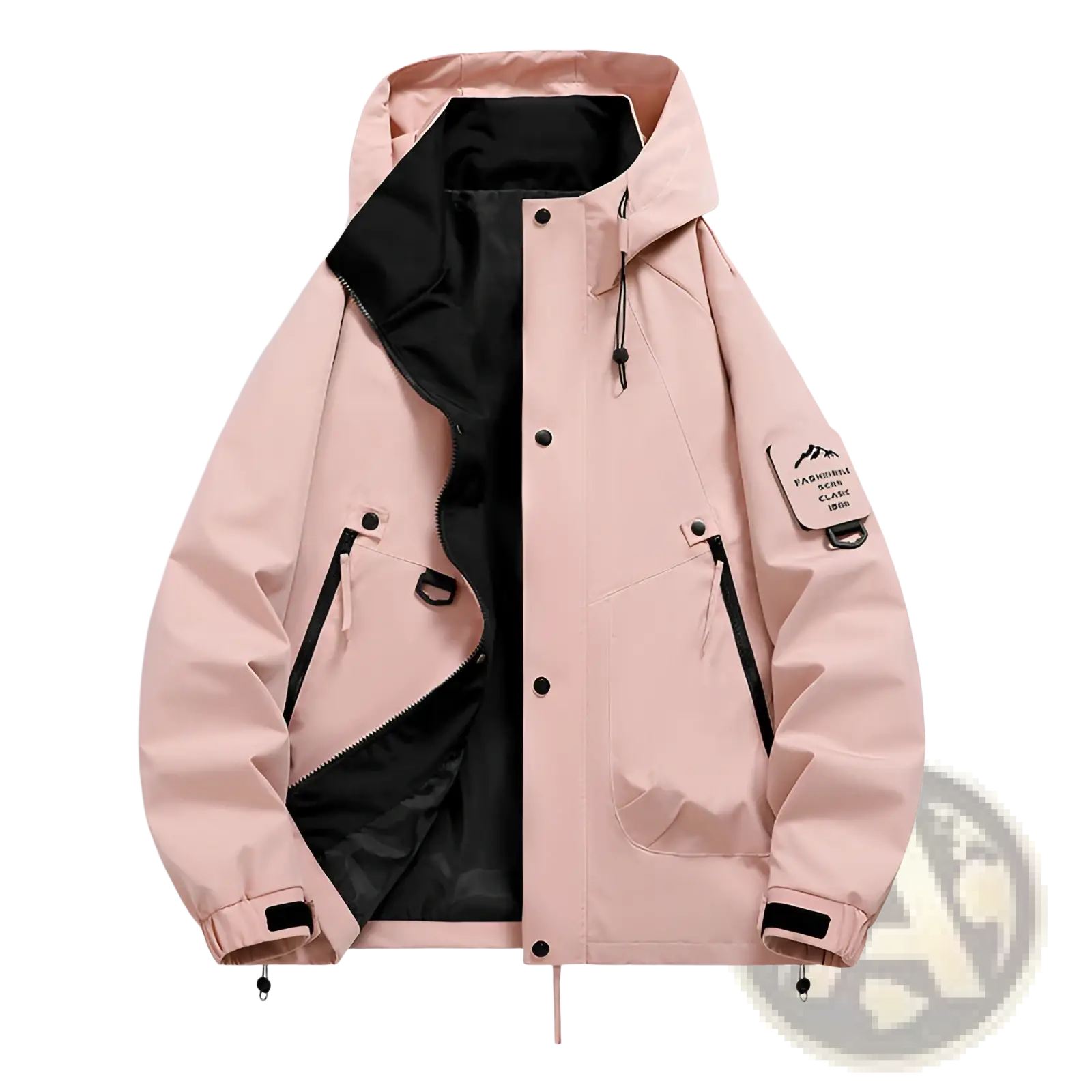 Men’s modern waterproof windproof hooded utility jacket in pink with black interior lining and zipper details