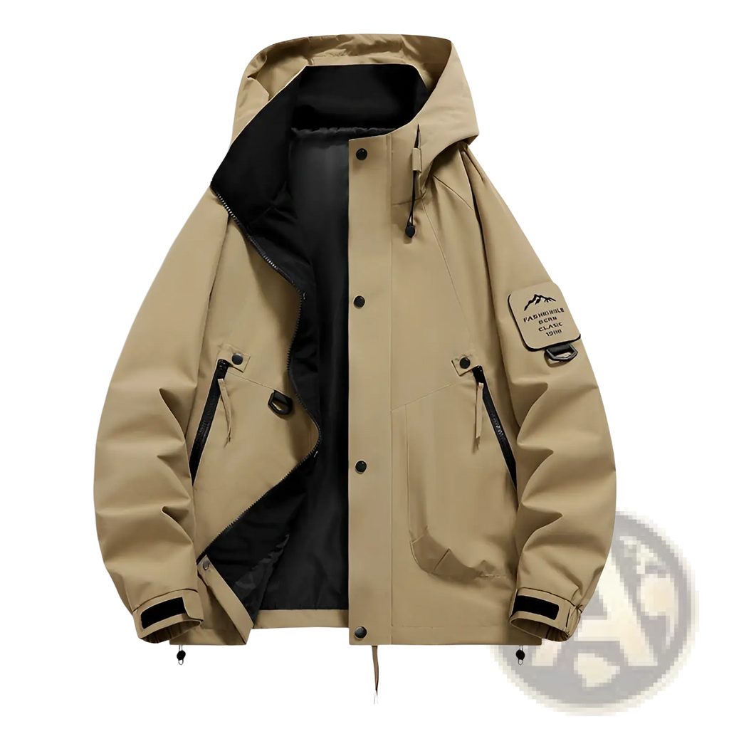 Men’s modern waterproof windproof beige hooded utility jacket with black lining and mountain patch on left sleeve