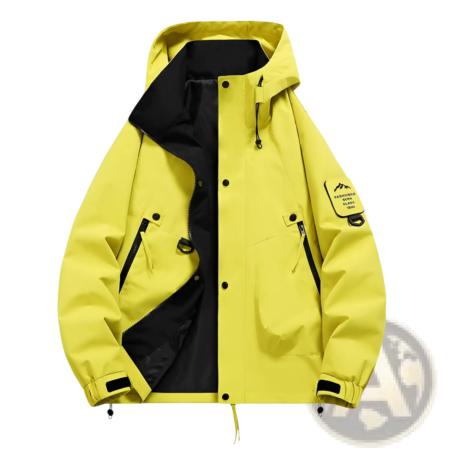 Men’s modern waterproof windproof hooded utility jacket in bright yellow with black lining and a sleeve patch