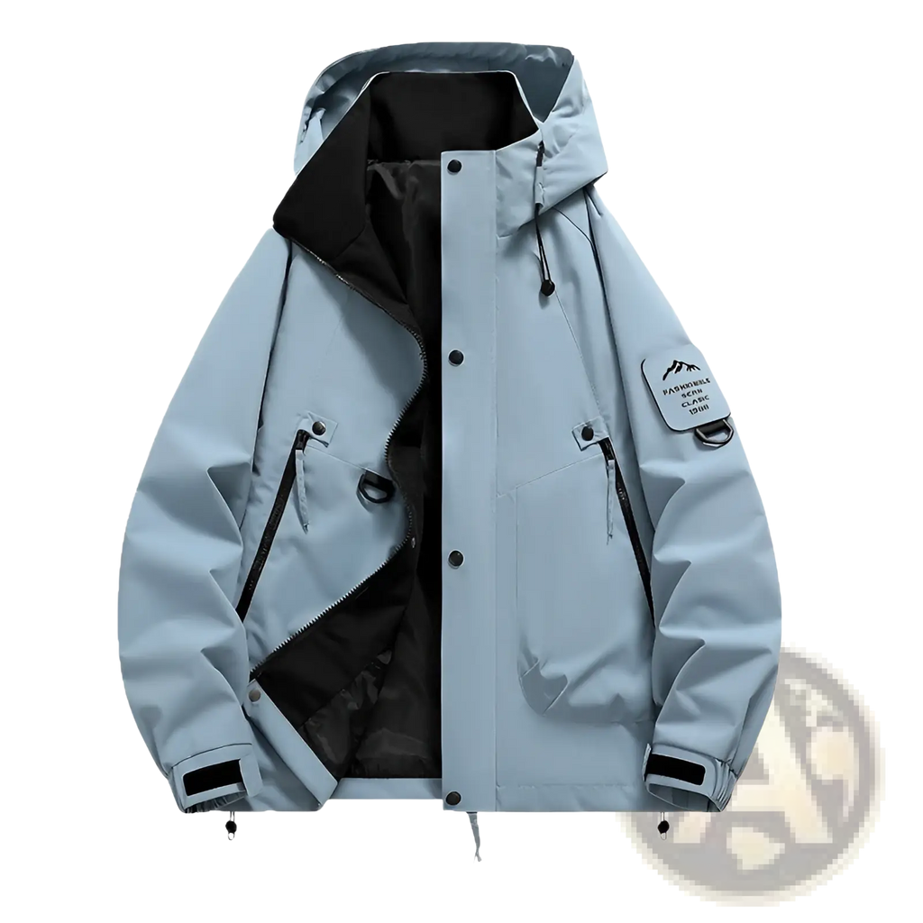 Men’s modern light blue waterproof hooded utility jacket with black interior lining and zipper details