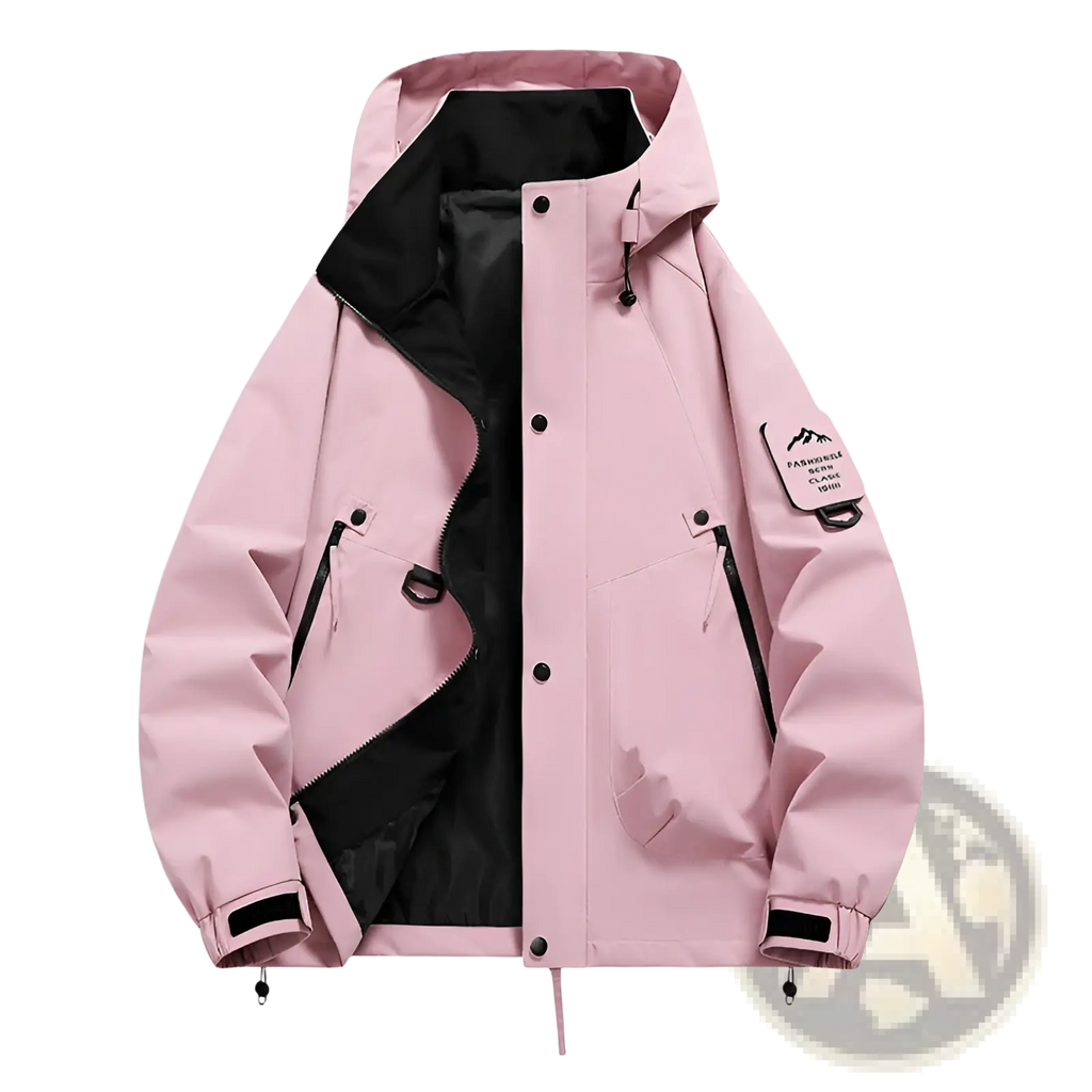Men’s modern waterproof windproof hooded utility jacket in pink with black inner lining and zipper details