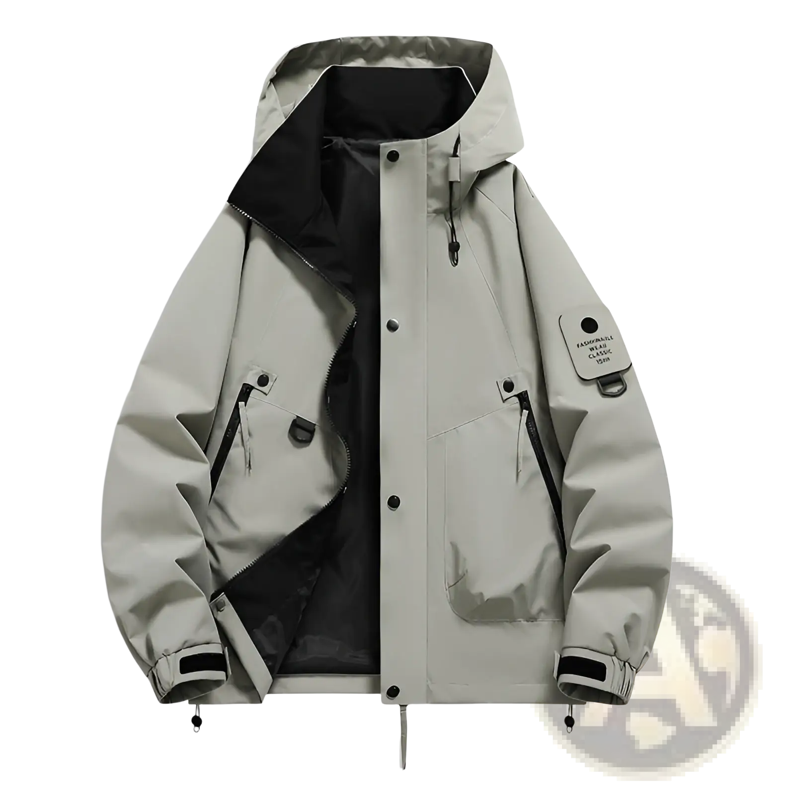A sleek, light gray waterproof jacket with a black-lined hood and front pockets featuring zipper closures.