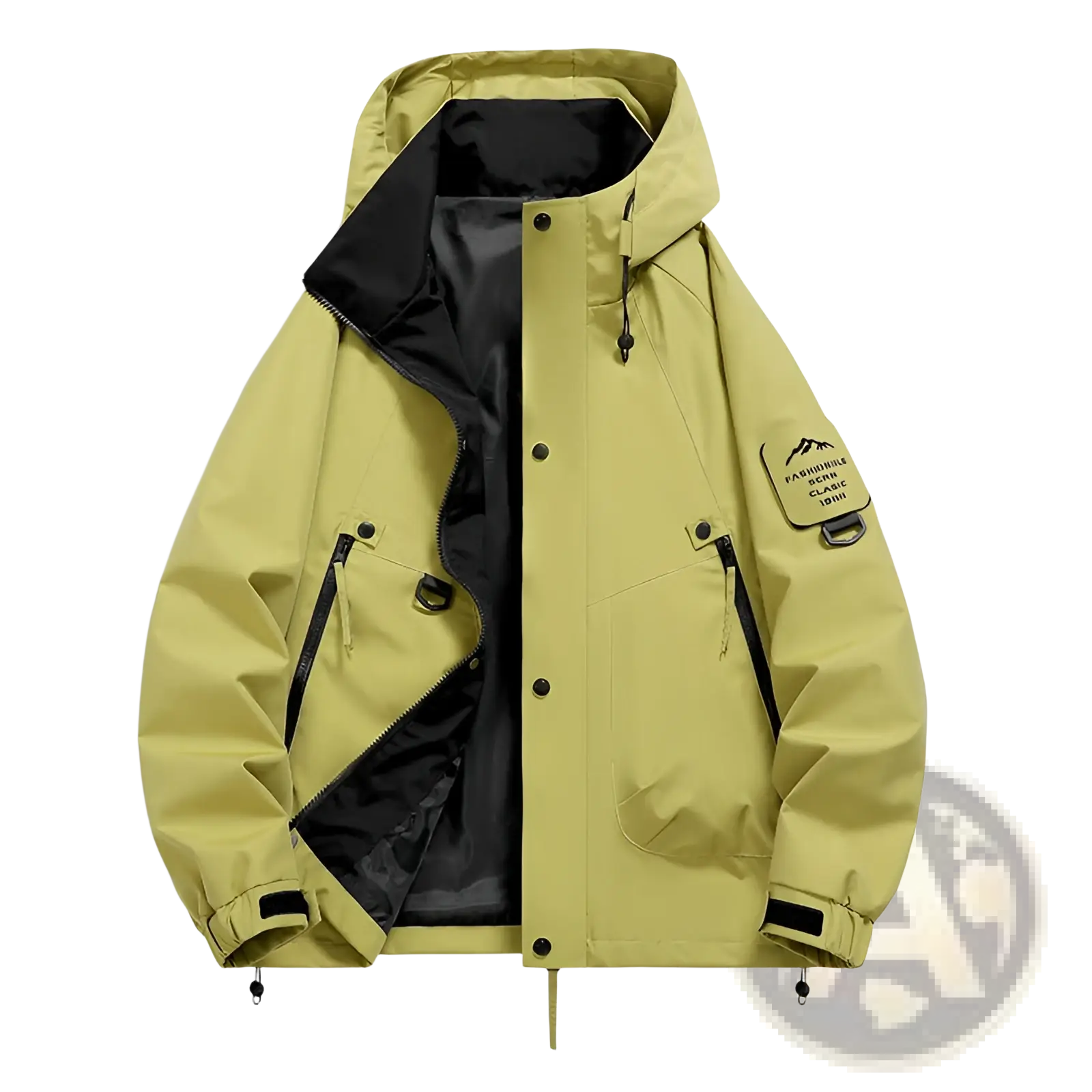 Men’s modern waterproof windproof hooded utility jacket in mustard yellow with black lining and sleeve patch detail