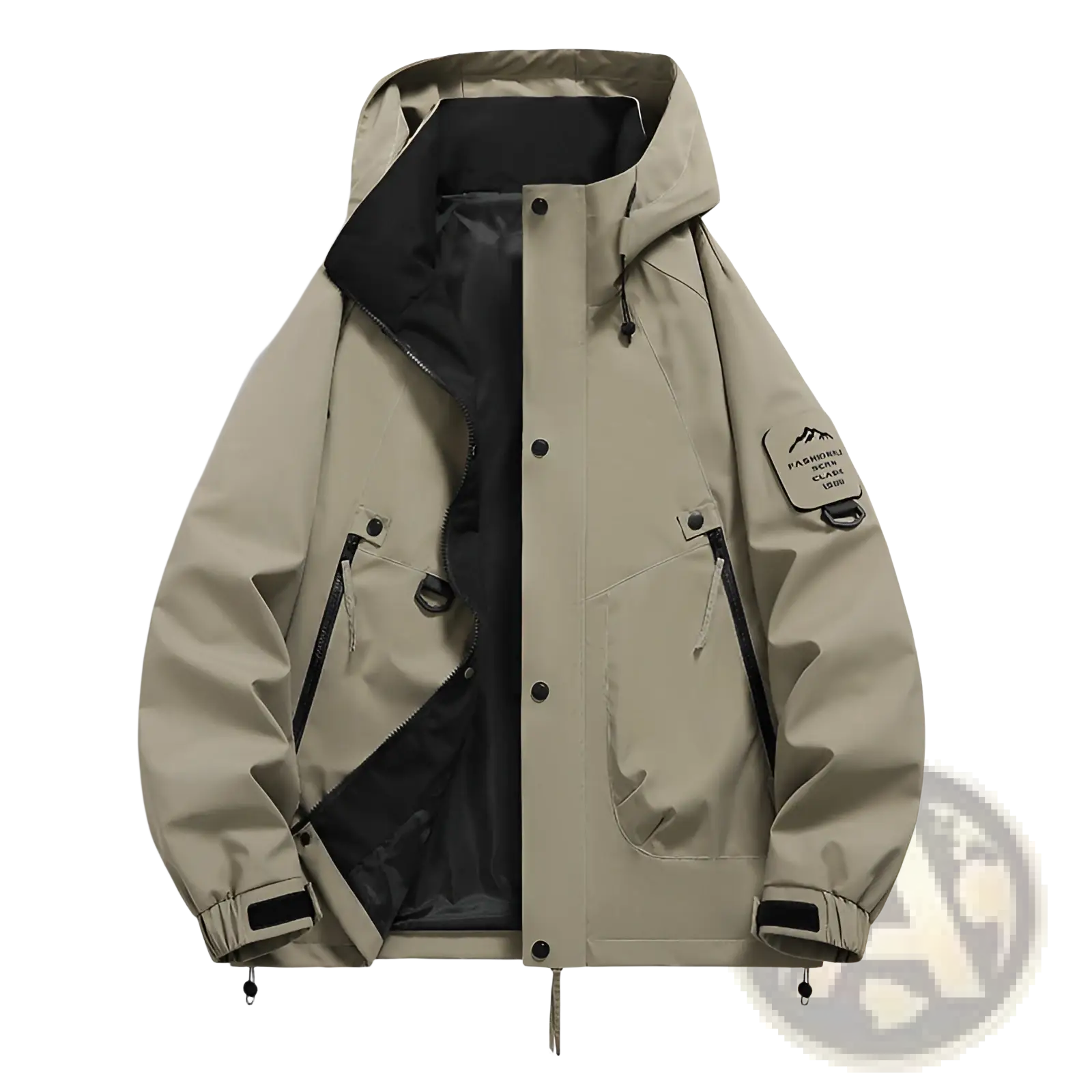 Men’s modern waterproof windproof hooded utility jacket in beige with black inner lining and zipper details