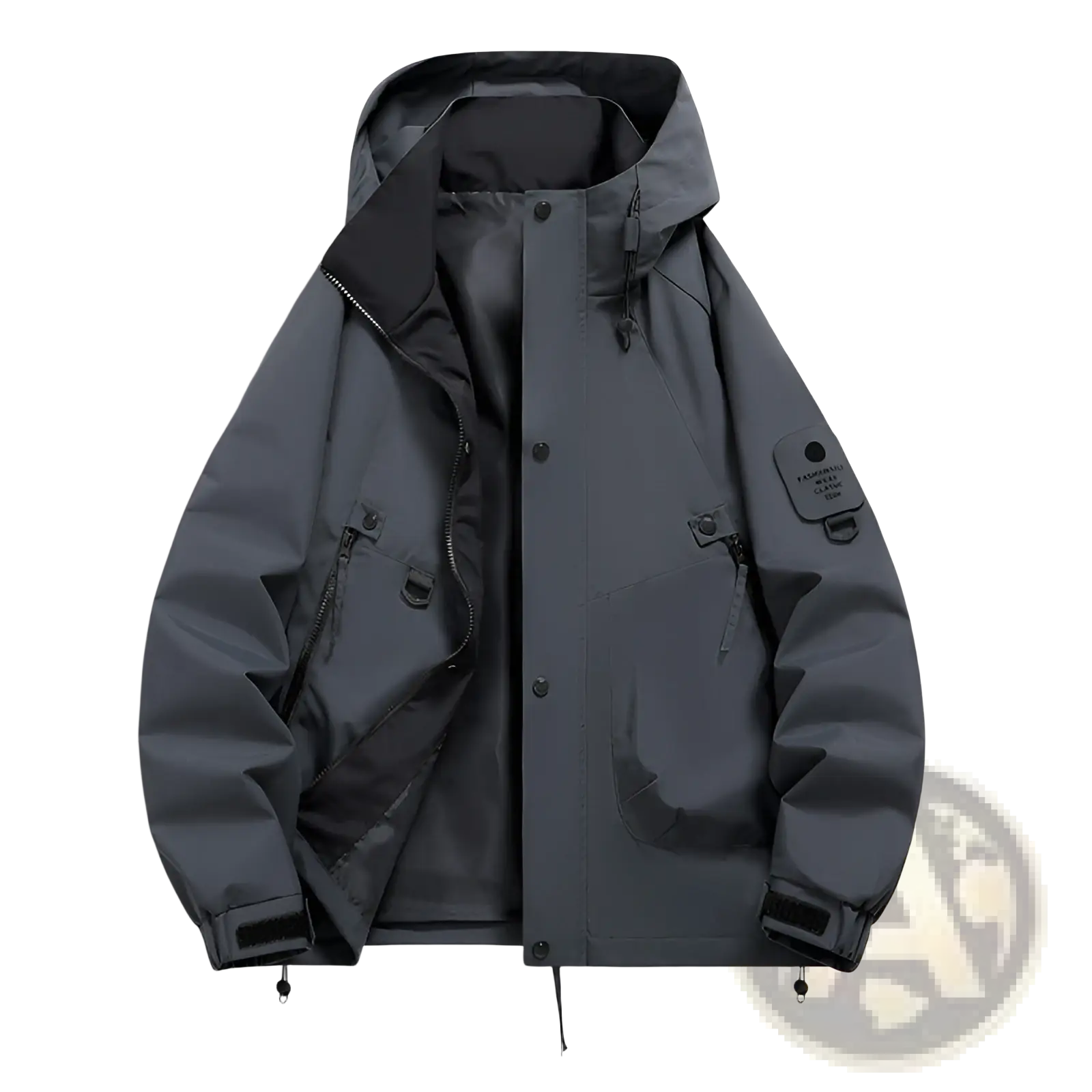 Men’s modern waterproof windproof hooded utility jacket in dark gray with matte finish zippered pockets and adjustable cuffs