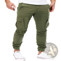 Men’s olive green multi-pocket cargo joggers with elastic cuffs designed for comfort and practical wear