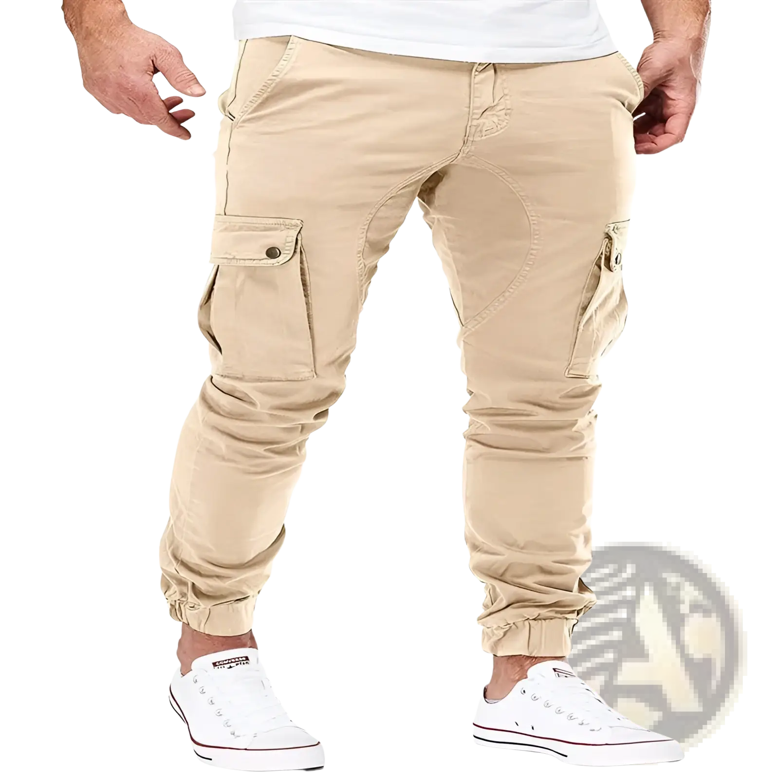 Men’s beige multi-pocket cargo joggers featuring multiple pockets and elastic cuffs for comfort and utility