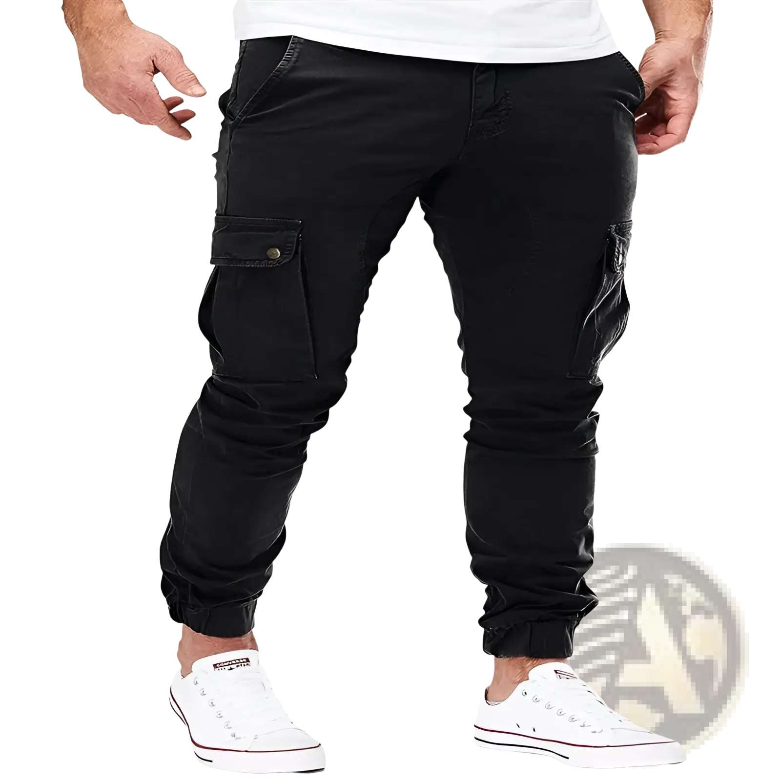Men’s black cargo joggers with elastic cuffs and multiple pockets designed for comfort and utility