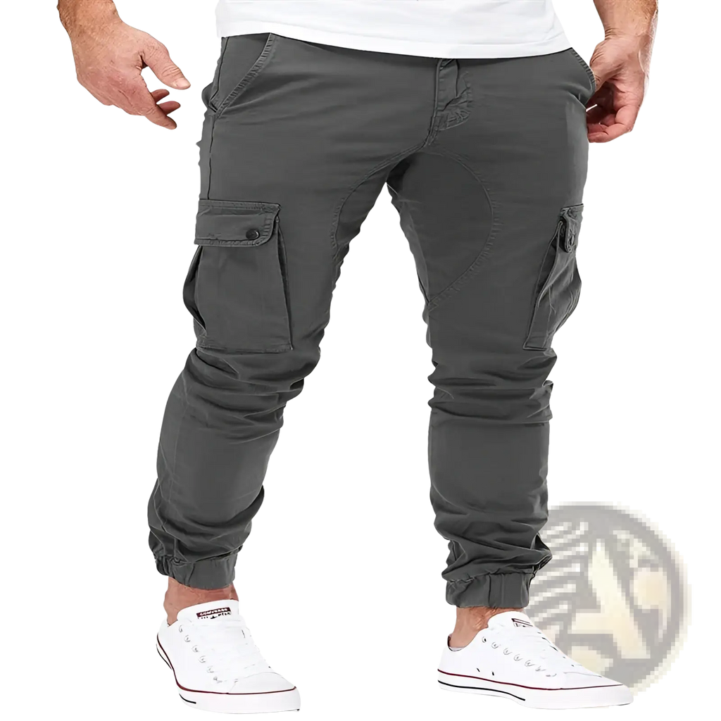 Men’s dark gray multi-pocket cargo joggers with elastic cuffs designed for comfort and utility