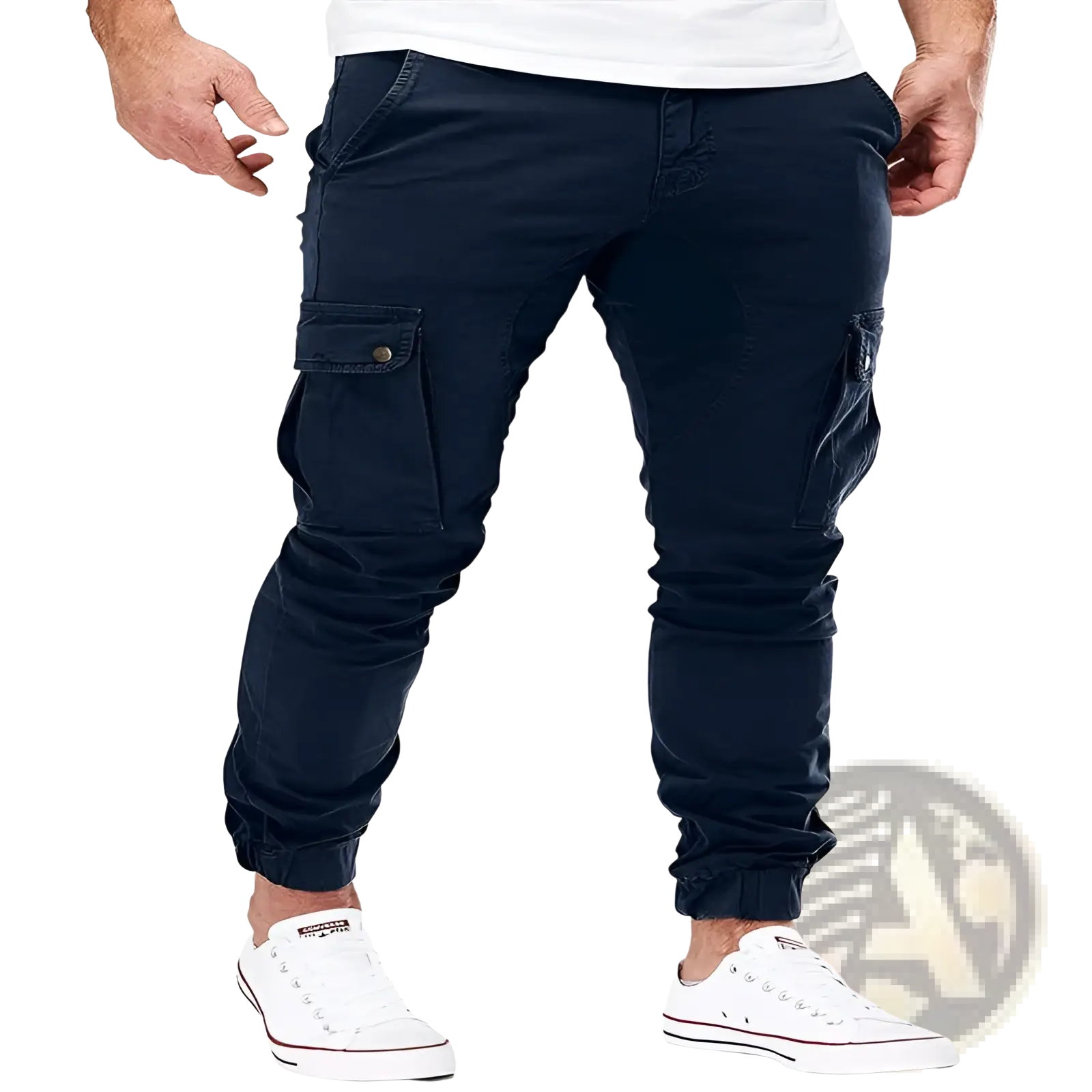 Men’s dark navy cargo joggers with elastic cuffs and buttoned side pockets for versatile utility wear