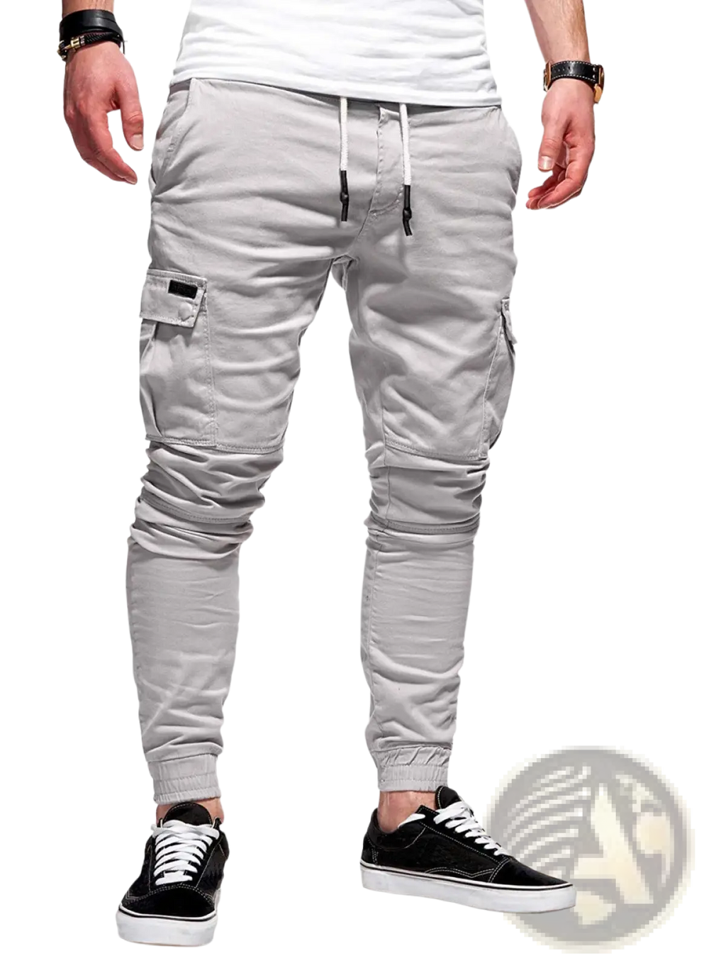 Men’s gray cargo joggers with multi pockets white drawstrings and black fabric patches on pocket fronts